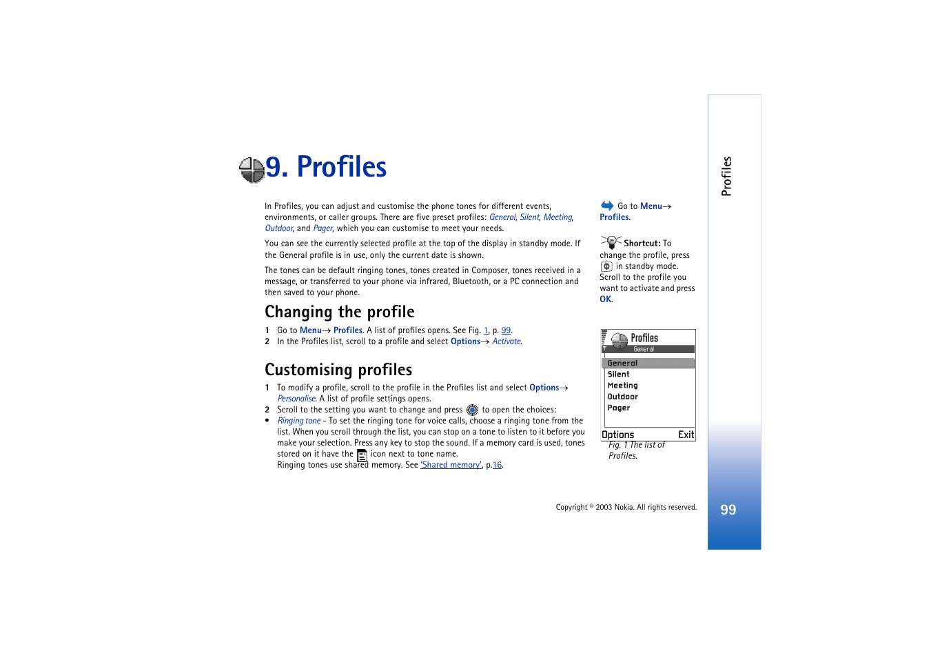 Profiles, Changing the profile, Customising profiles | Changing the profile customising profiles, Nt, see | Nokia 3660 User Manual | Page 99 / 157