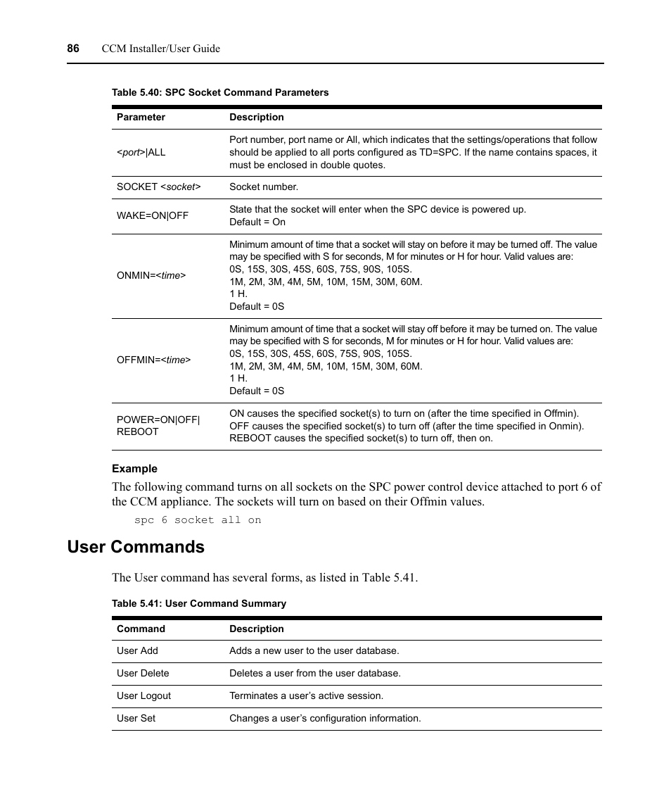 User commands, Table 5.40: spc socket command parameters, Table 5.41: user command summary | Avocent CCM User Manual | Page 100 / 136