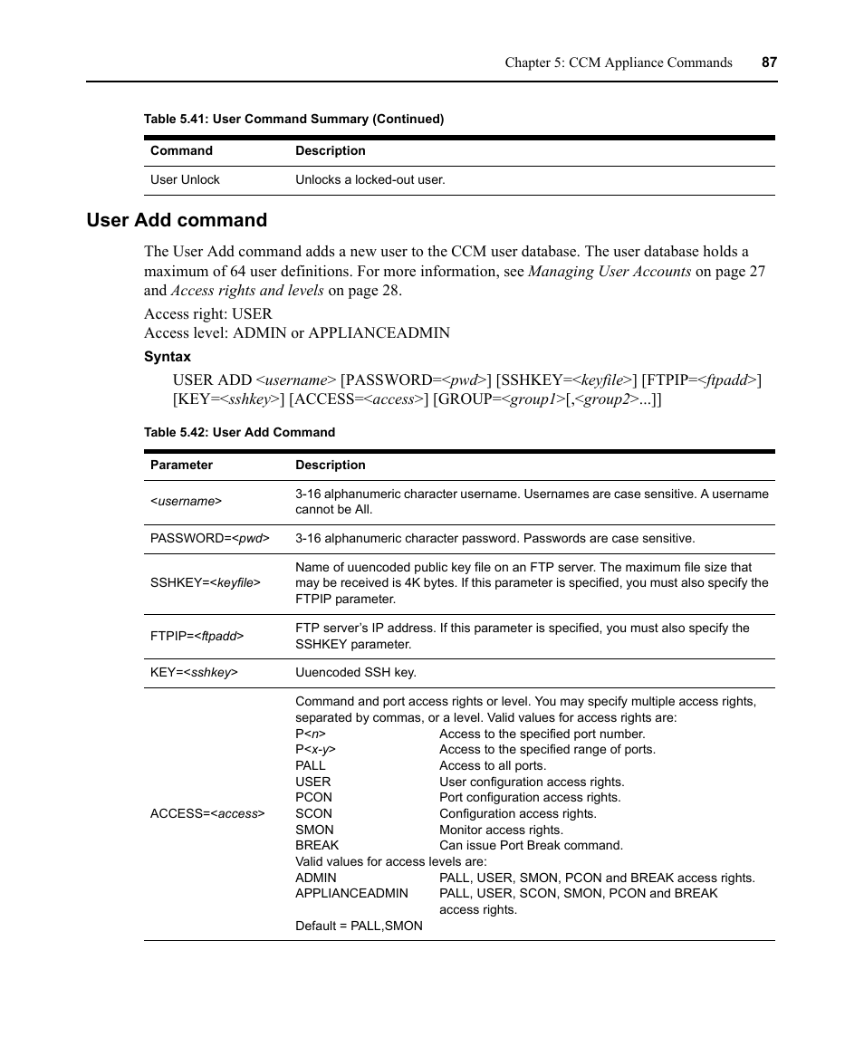 User add command, Table 5.42: user add command | Avocent CCM User Manual | Page 101 / 136