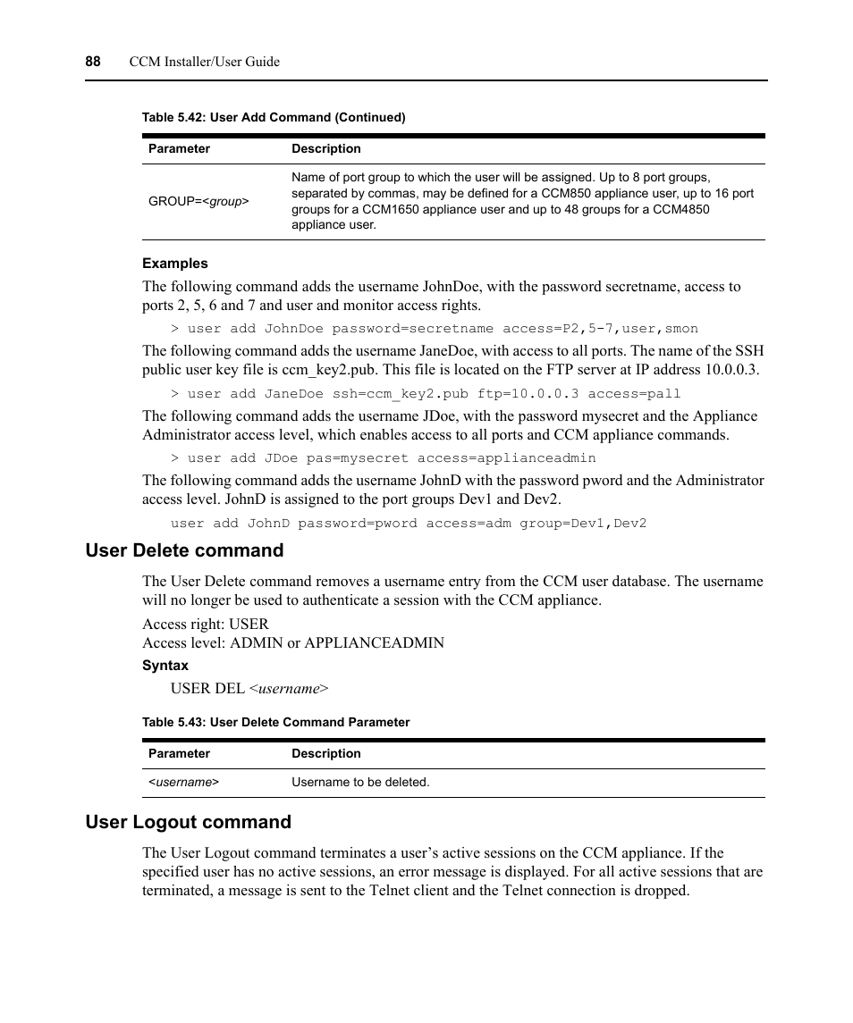 User delete command, User logout command, User delete command user logout command | Table 5.43: user delete command parameter | Avocent CCM User Manual | Page 102 / 136