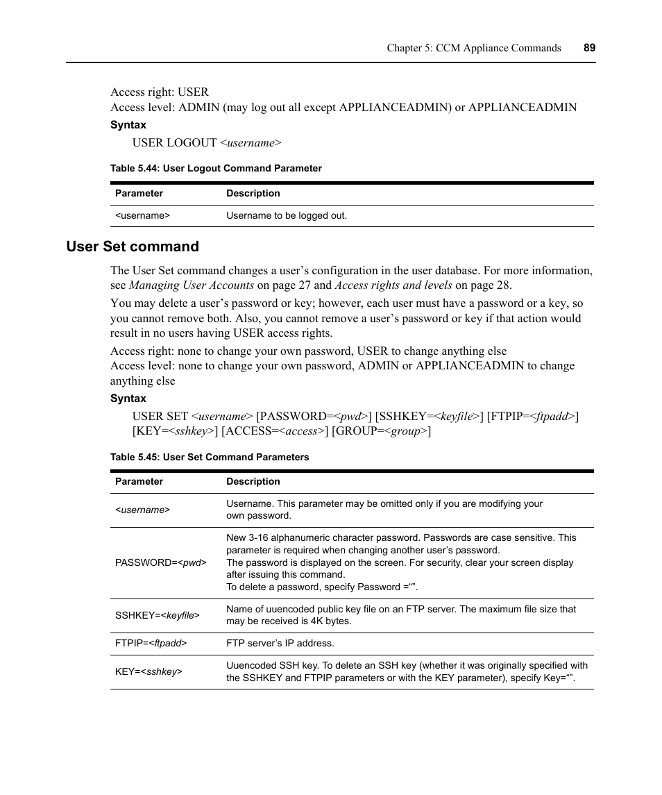 User set command, Table 5.44: user logout command parameter, Table 5.45: user set command parameters | Avocent CCM User Manual | Page 103 / 136
