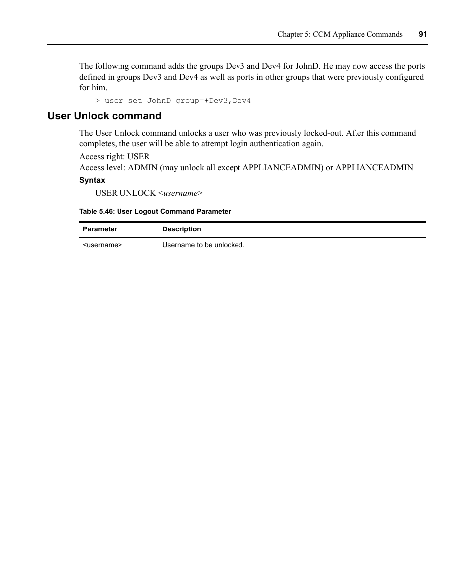 User unlock command, Table 5.46: user logout command parameter | Avocent CCM User Manual | Page 105 / 136