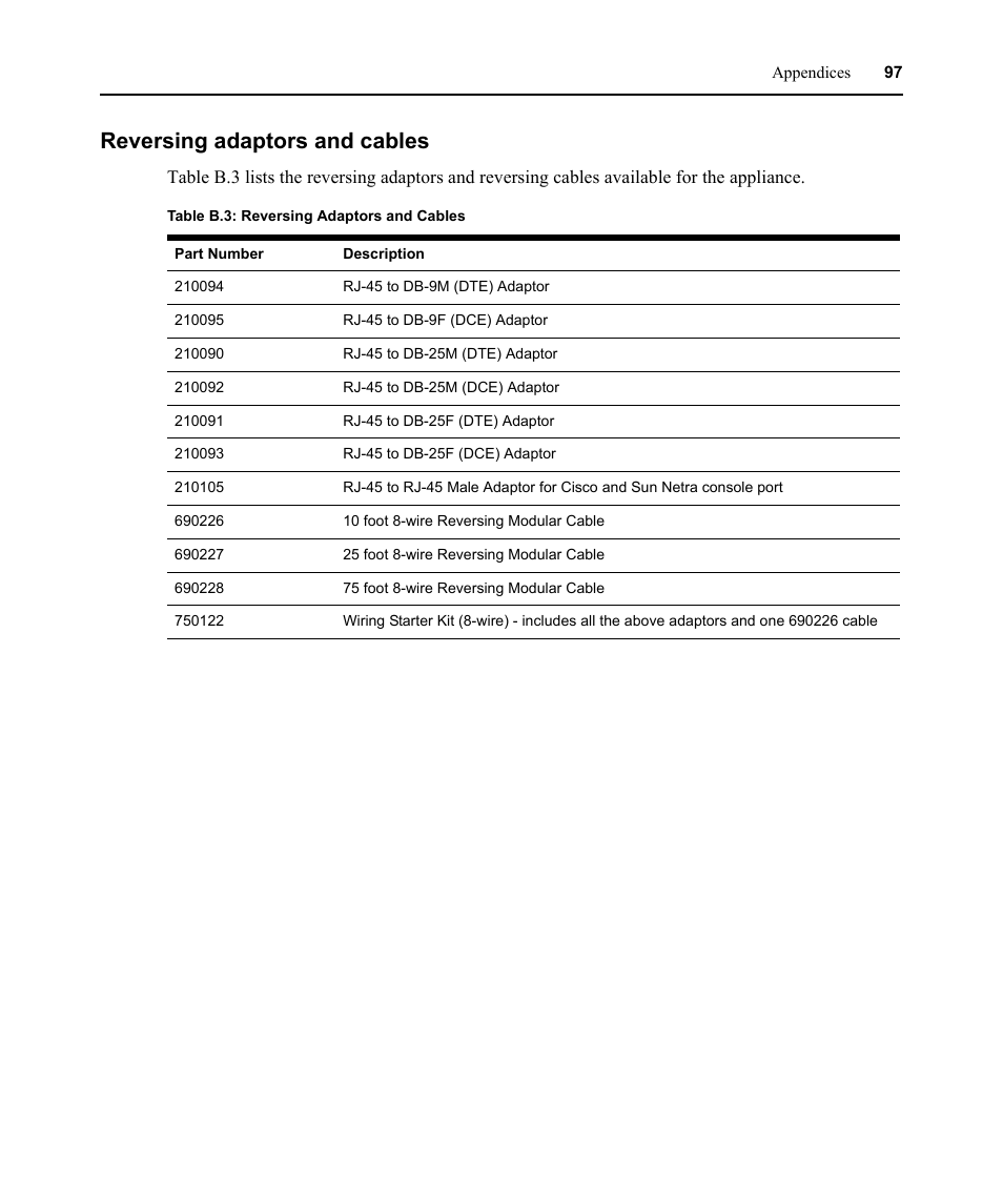 Reversing adaptors and cables, Table b.3: reversing adaptors and cables | Avocent CCM User Manual | Page 111 / 136