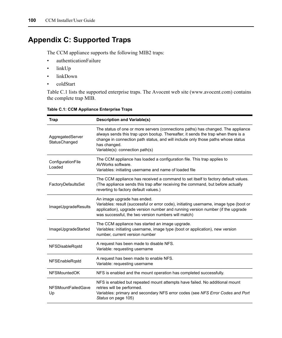 Appendix c: supported traps, Table c.1: ccm appliance enterprise traps | Avocent CCM User Manual | Page 114 / 136