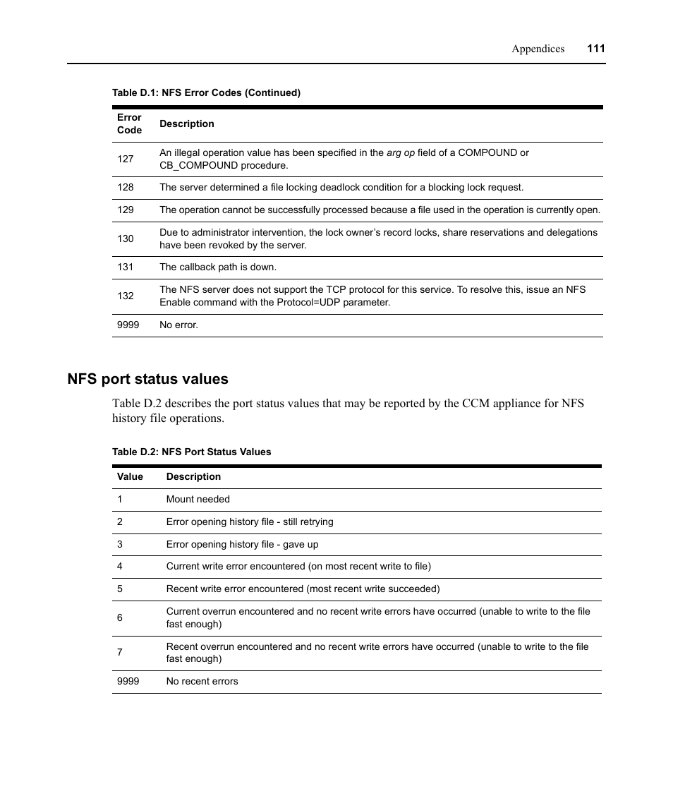 Nfs port status values, Table d.2: nfs port status values | Avocent CCM User Manual | Page 125 / 136