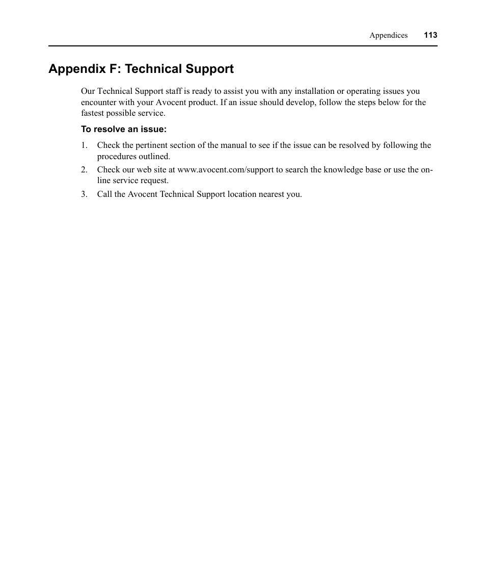 Appendix f: technical support | Avocent CCM User Manual | Page 127 / 136
