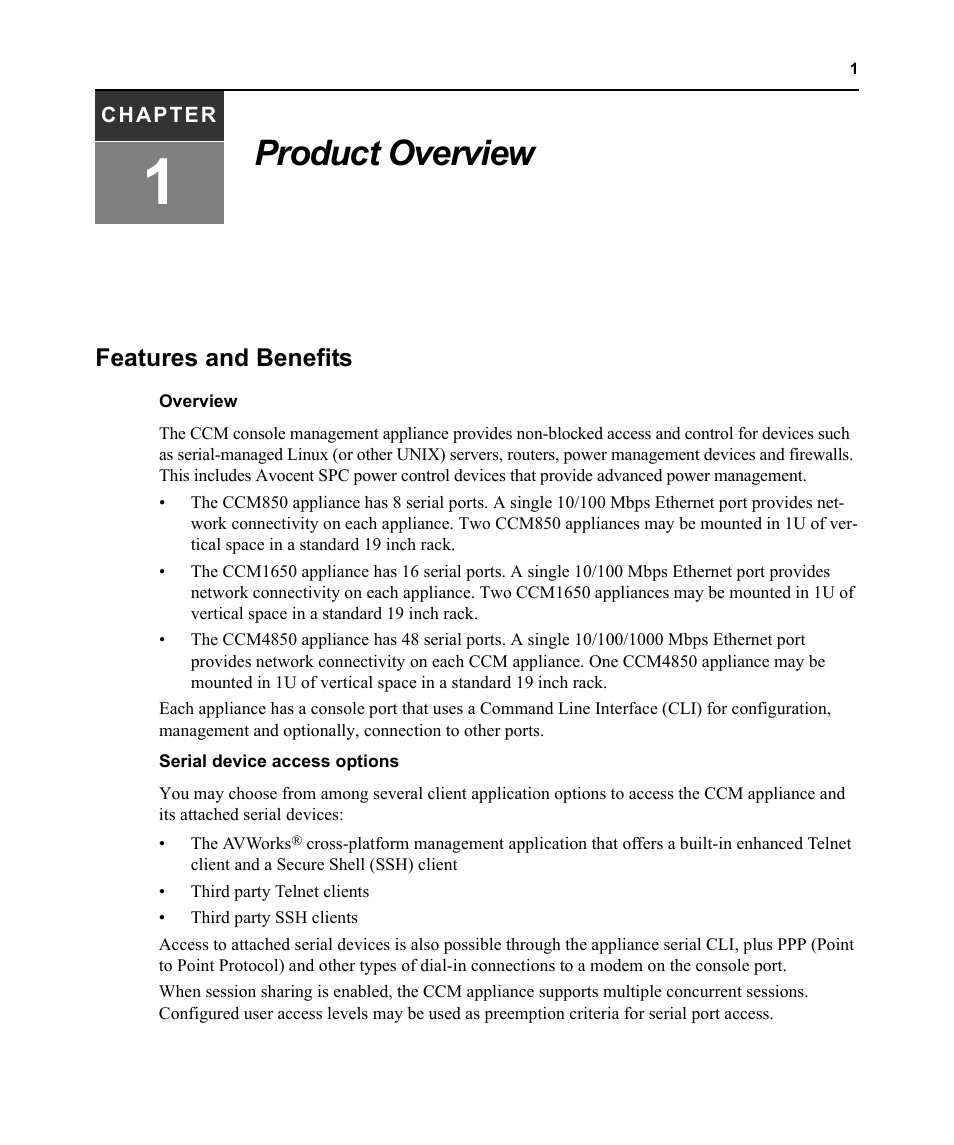 Product overview, Features and benefits, Chapter 1: product overview | Avocent CCM User Manual | Page 15 / 136