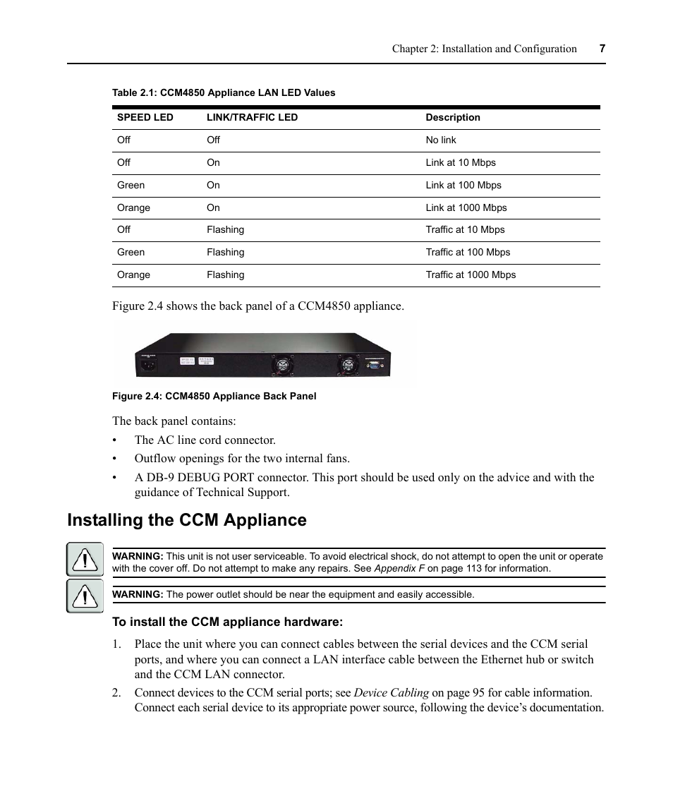 Installing the ccm appliance, Figure 2.4: ccm4850 appliance back panel, Table 2.1: ccm4850 appliance lan led values | Table 2.1 descri | Avocent CCM User Manual | Page 21 / 136