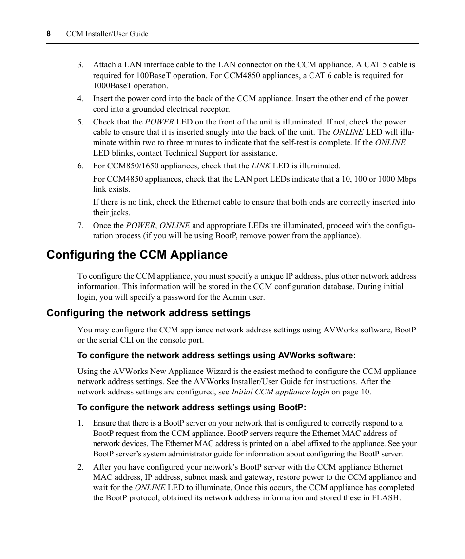 Configuring the ccm appliance, Configuring the network address settings | Avocent CCM User Manual | Page 22 / 136