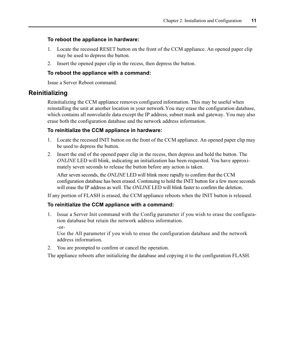 Reinitializing | Avocent CCM User Manual | Page 25 / 136