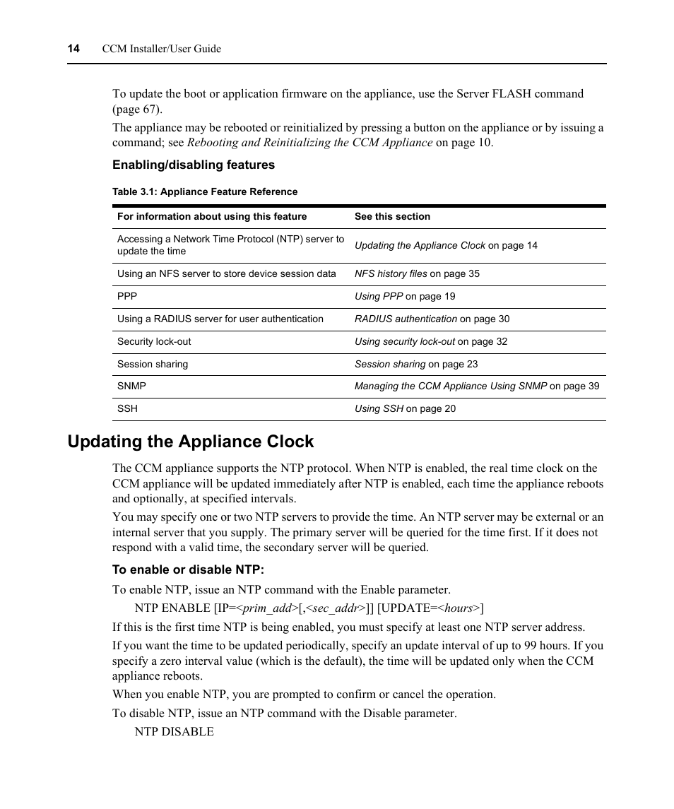 Updating the appliance clock, Table 3.1: appliance feature reference | Avocent CCM User Manual | Page 28 / 136