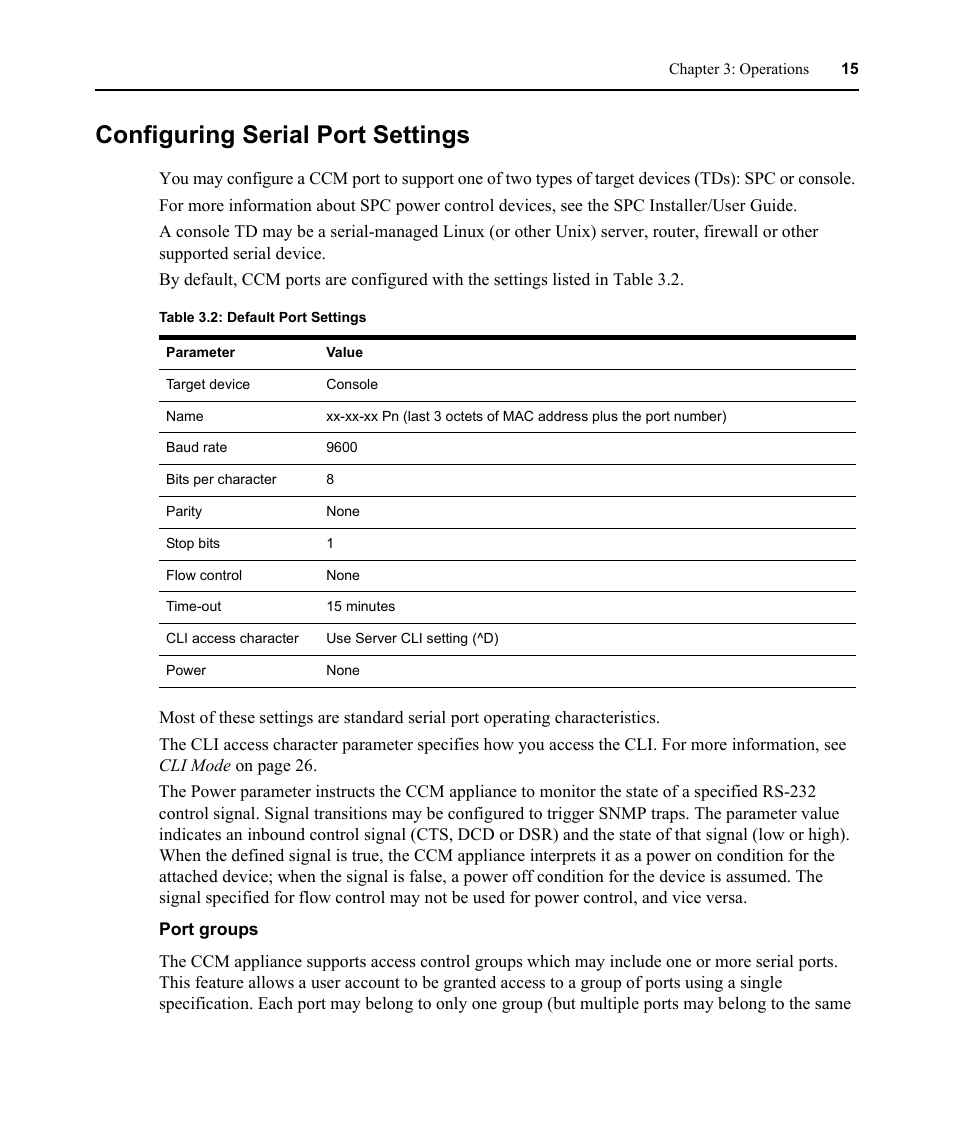Configuring serial port settings, Table 3.2: default port settings | Avocent CCM User Manual | Page 29 / 136