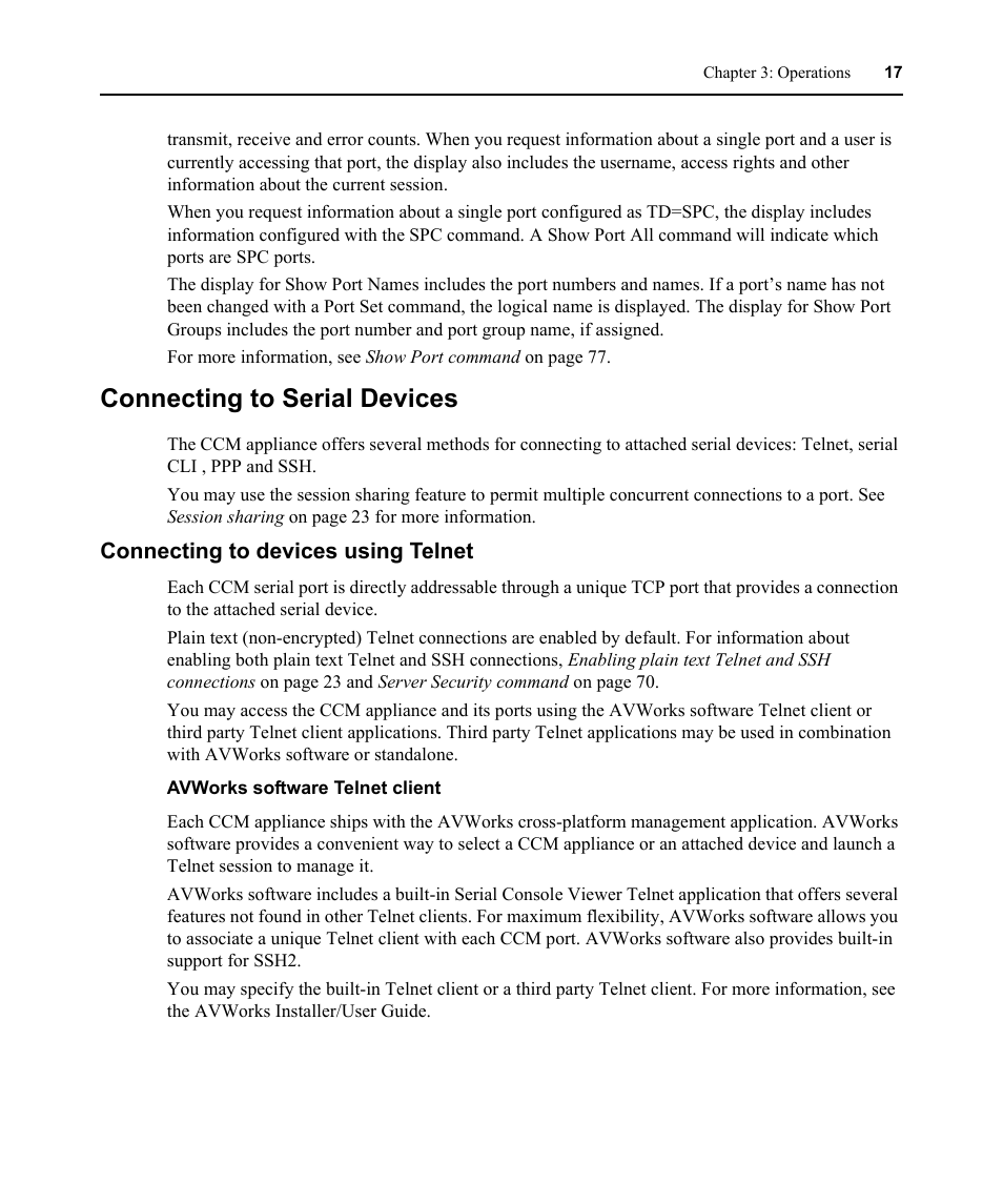 Connecting to serial devices, Connecting to devices using telnet | Avocent CCM User Manual | Page 31 / 136