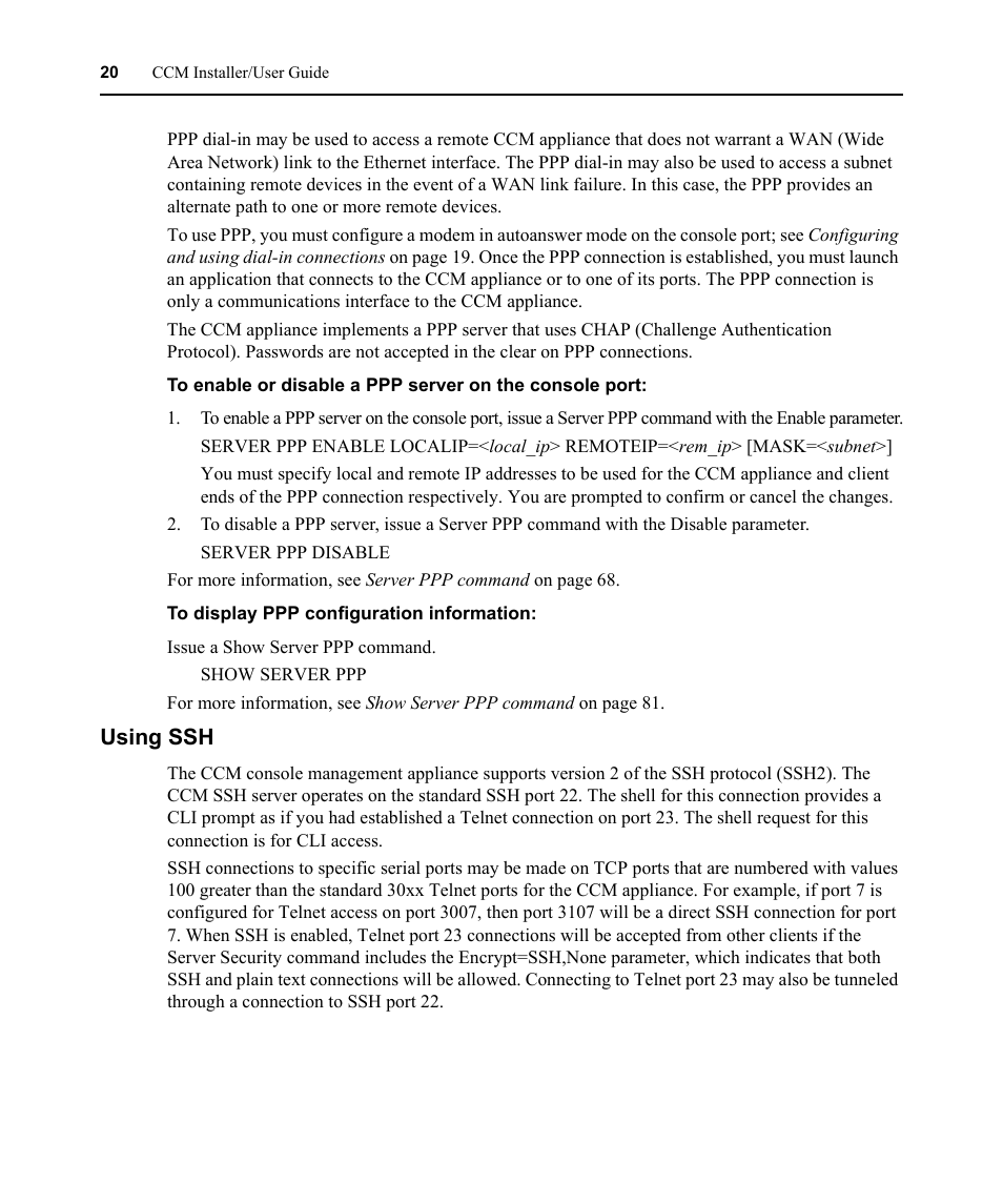 Using ssh | Avocent CCM User Manual | Page 34 / 136