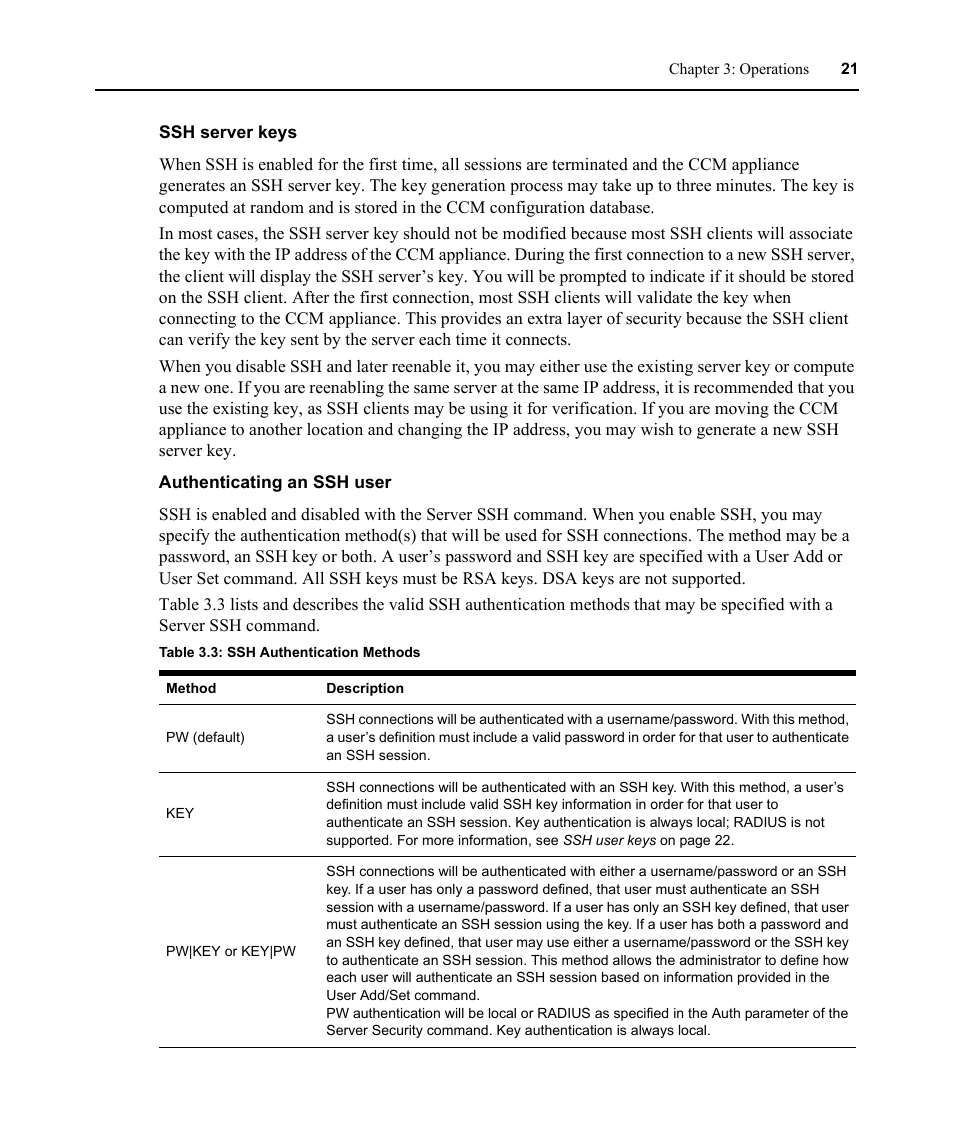 Table 3.3: ssh authentication methods | Avocent CCM User Manual | Page 35 / 136