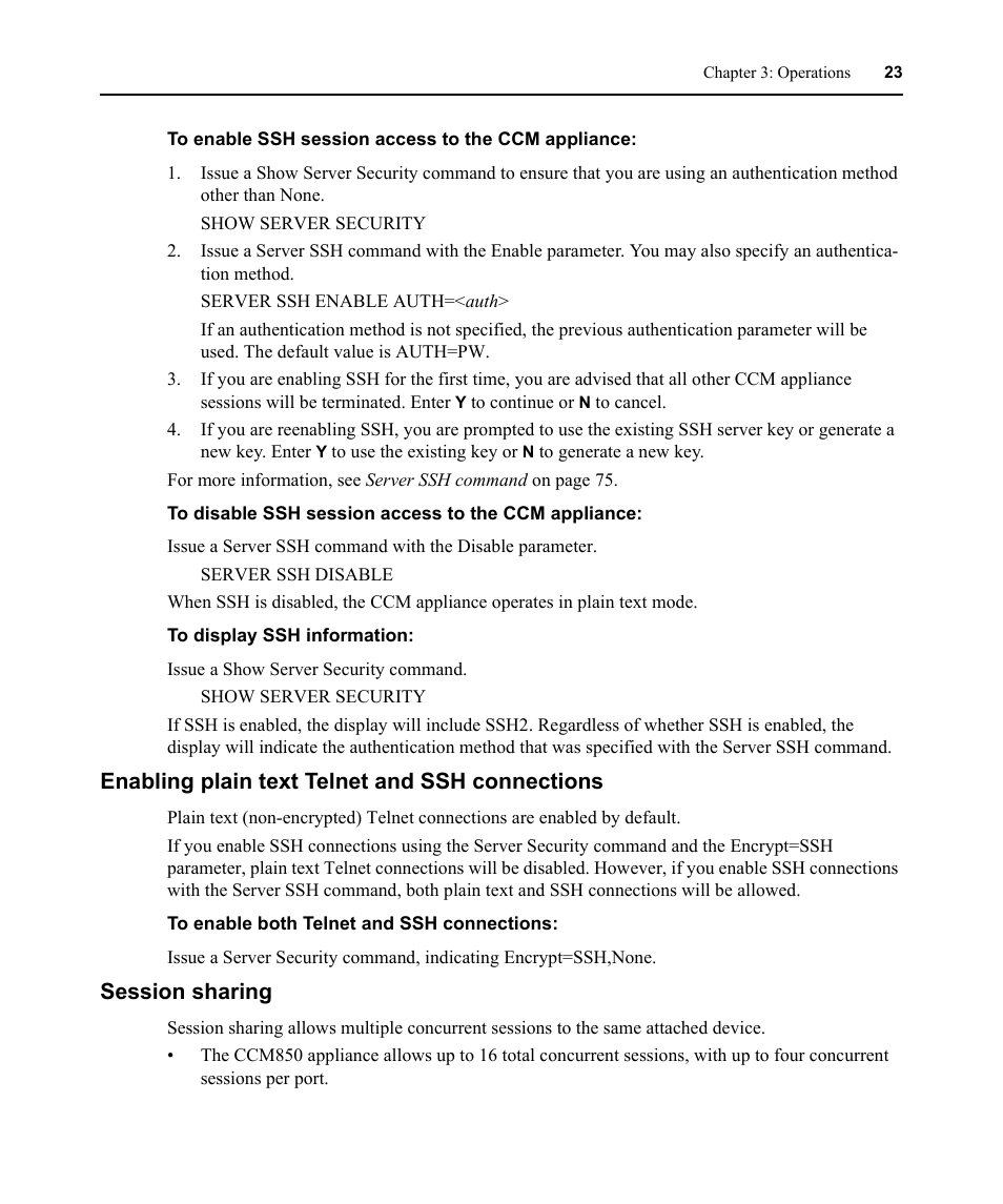 Enabling plain text telnet and ssh connections, Session sharing | Avocent CCM User Manual | Page 37 / 136