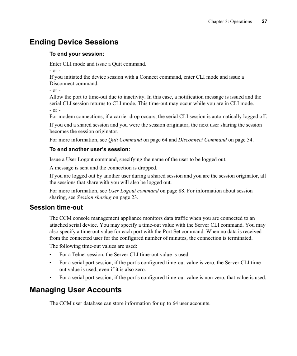 Ending device sessions, Session time-out, Managing user accounts | Avocent CCM User Manual | Page 41 / 136