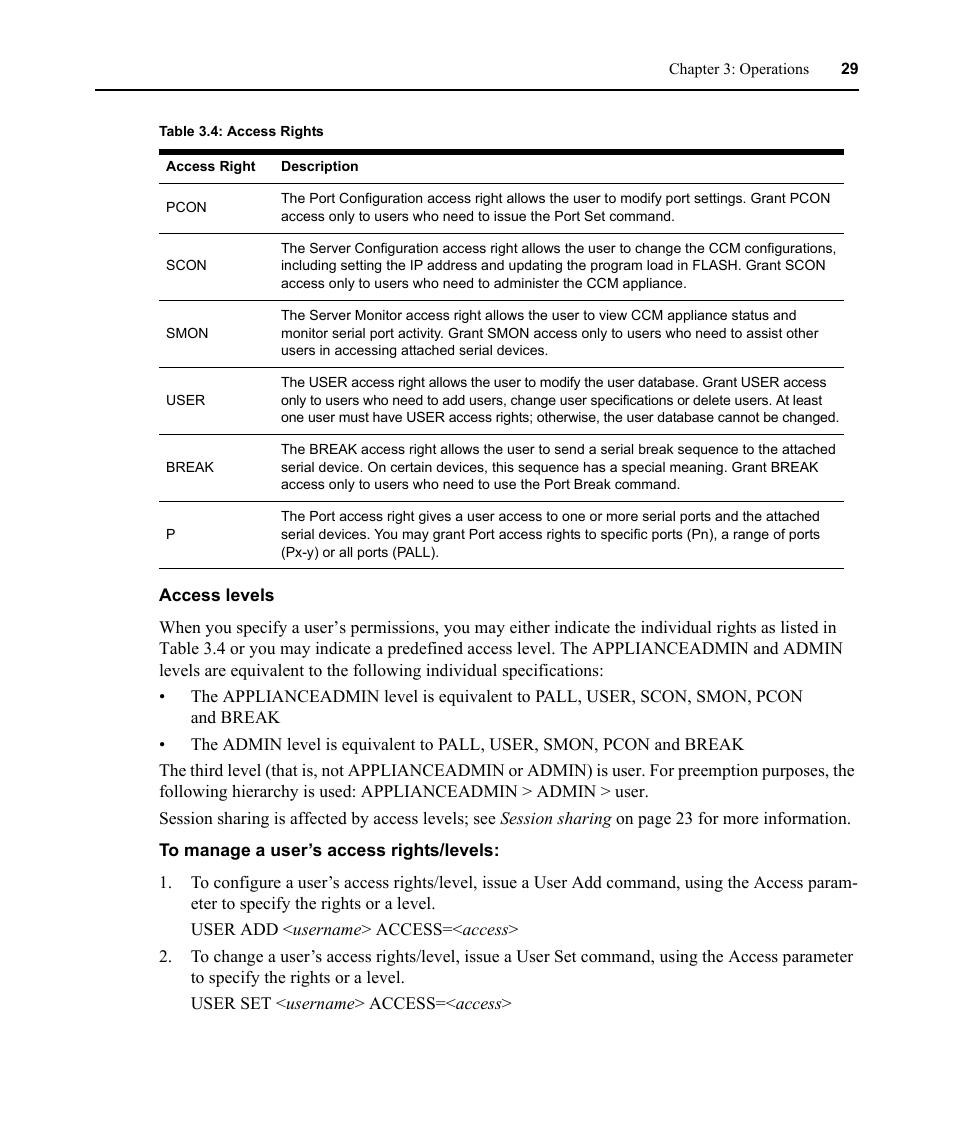 Table 3.4: access rights, Table 3.4 describes the acces | Avocent CCM User Manual | Page 43 / 136
