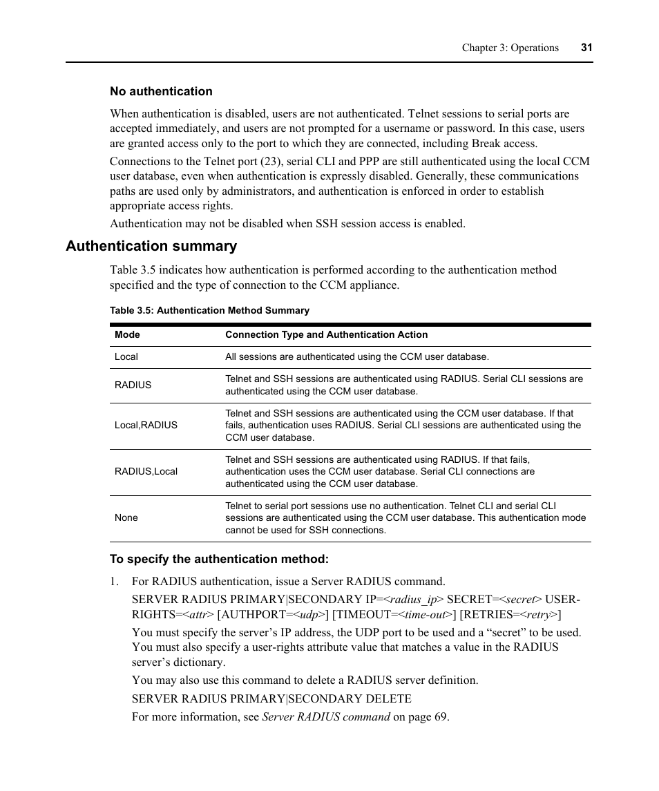 Authentication summary, Table 3.5: authentication method summary | Avocent CCM User Manual | Page 45 / 136