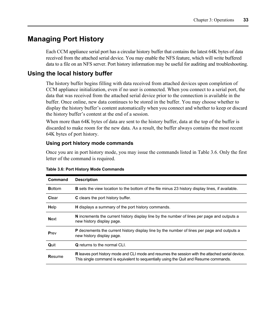 Managing port history, Using the local history buffer, Table 3.6: port history mode commands | Avocent CCM User Manual | Page 47 / 136