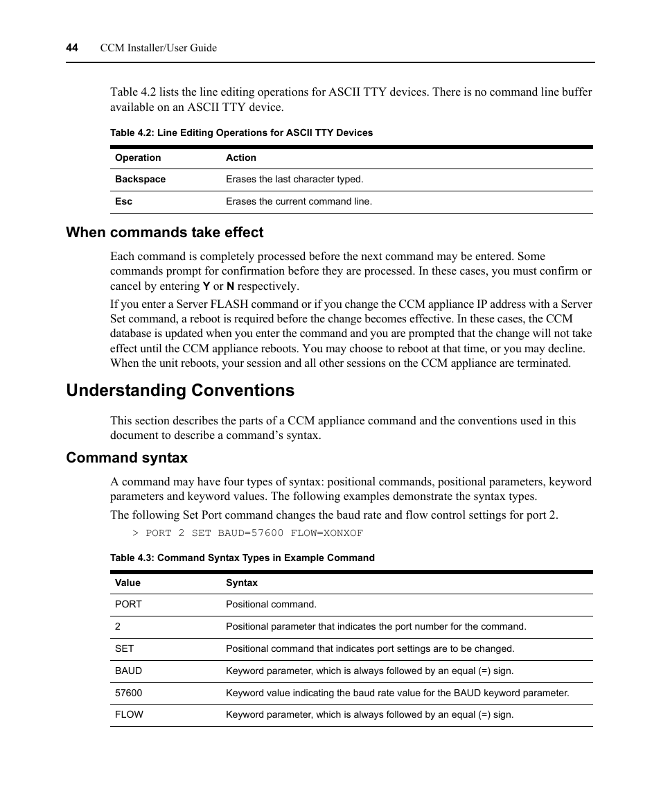 When commands take effect, Understanding conventions, Command syntax | Table 4.3: command syntax types in example command | Avocent CCM User Manual | Page 58 / 136