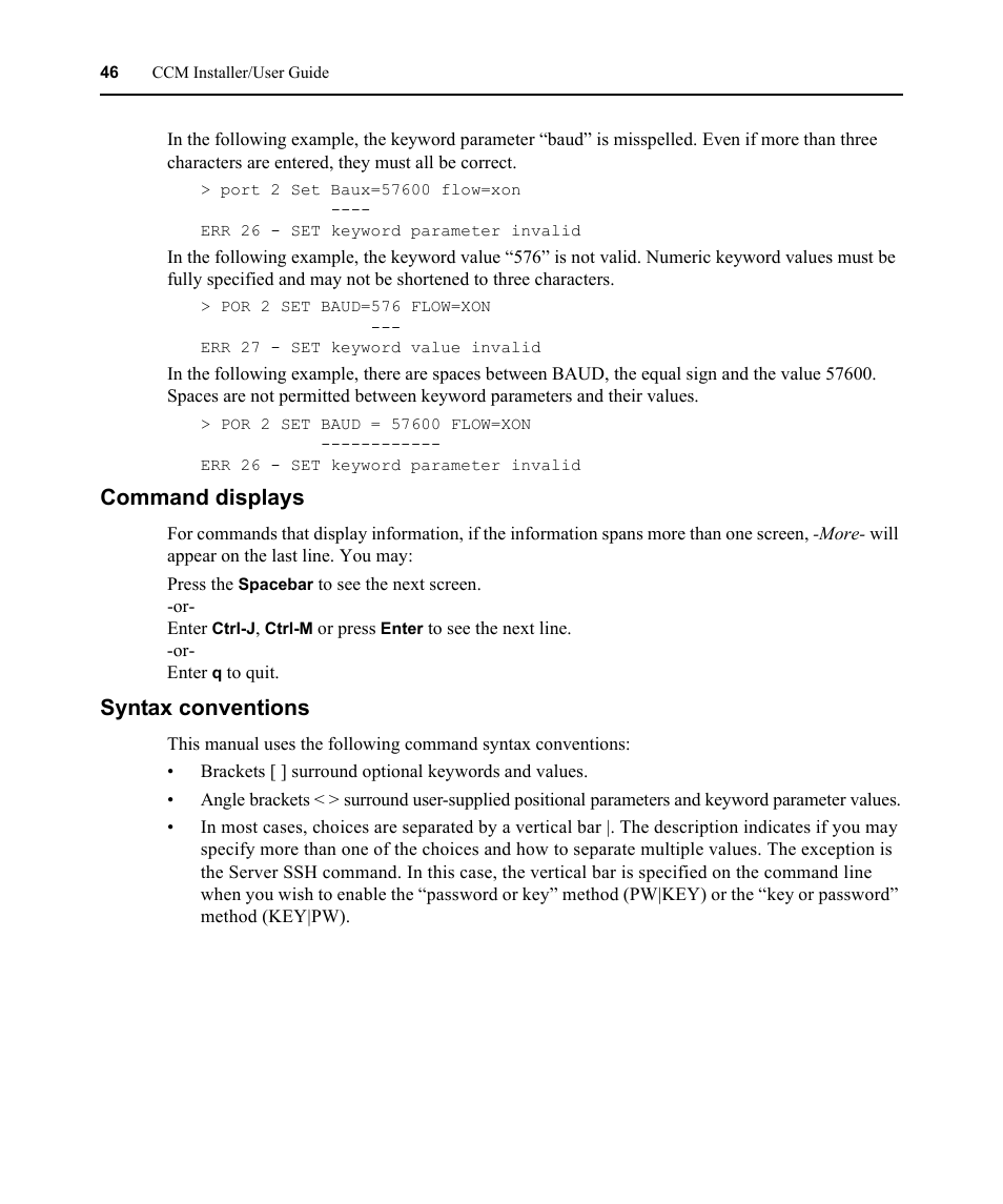 Command displays, Syntax conventions, Command displays syntax conventions | Avocent CCM User Manual | Page 60 / 136