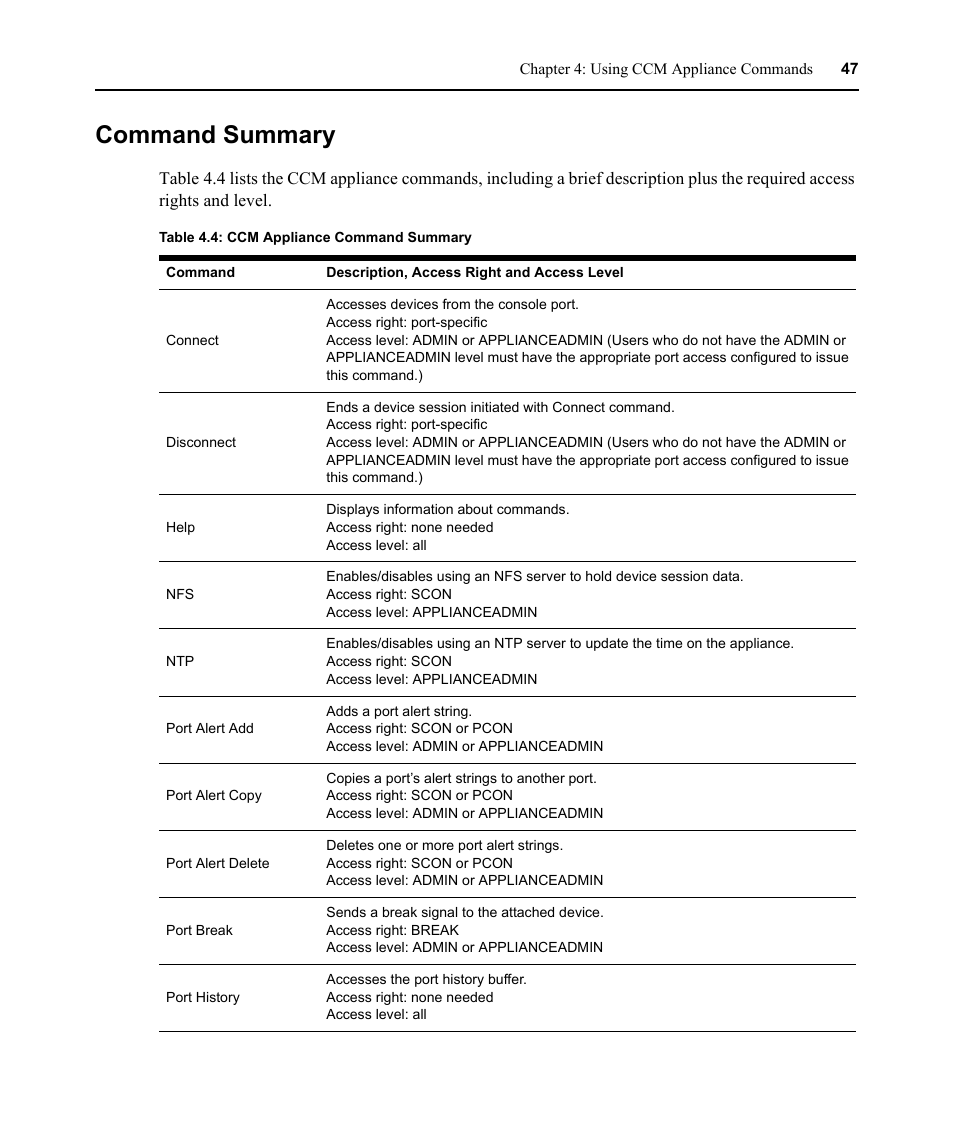 Command summary, Table 4.4: ccm appliance command summary | Avocent CCM User Manual | Page 61 / 136