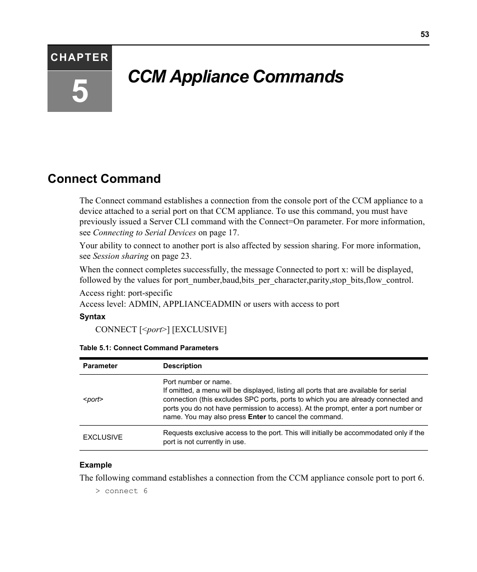 Ccm appliance commands, Connect command, Chapter 5: ccm appliance commands | Table 5.1: connect command parameters | Avocent CCM User Manual | Page 67 / 136