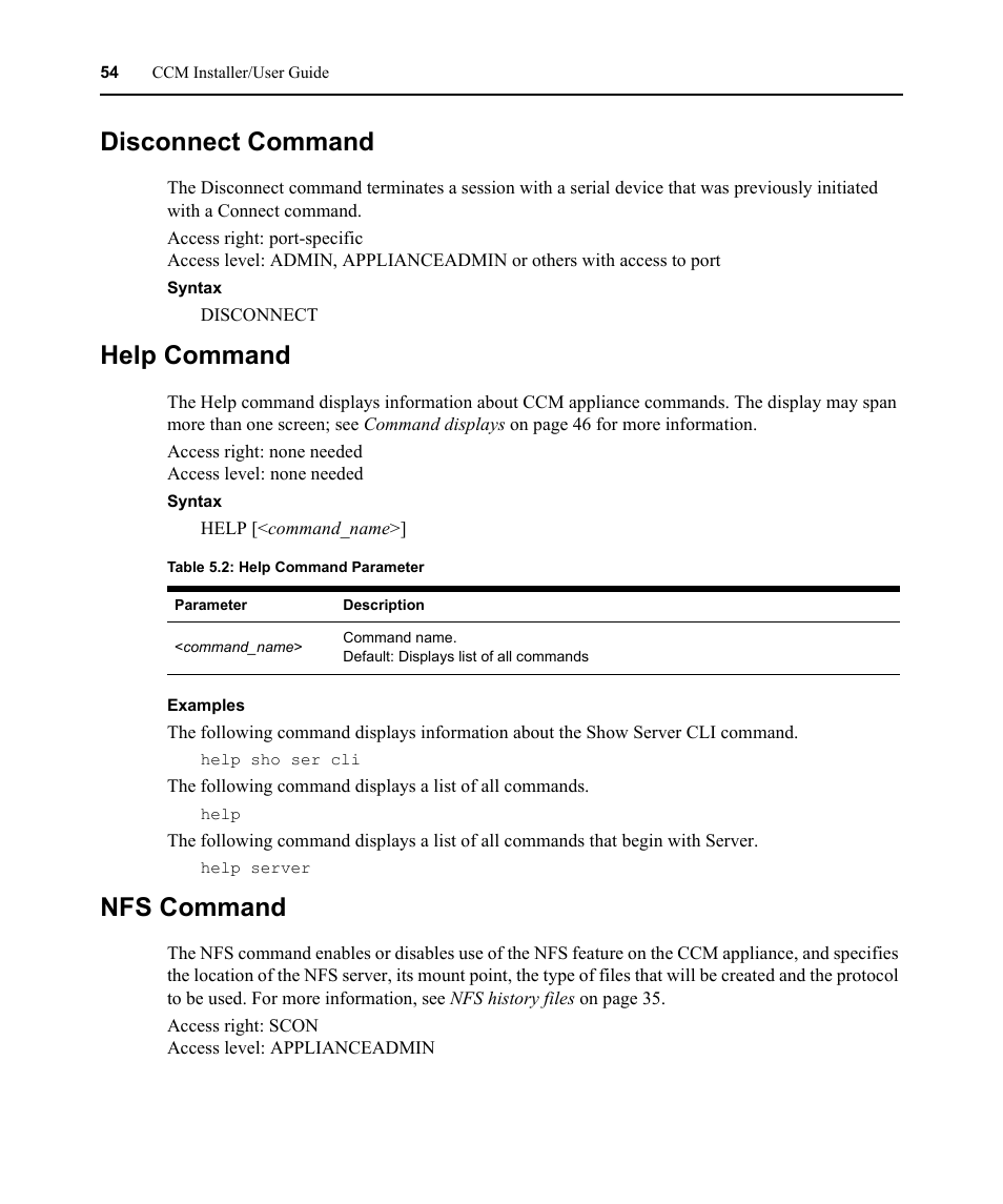 Disconnect command, Help command, Nfs command | Disconnect command help command nfs command, Table 5.2: help command parameter | Avocent CCM User Manual | Page 68 / 136