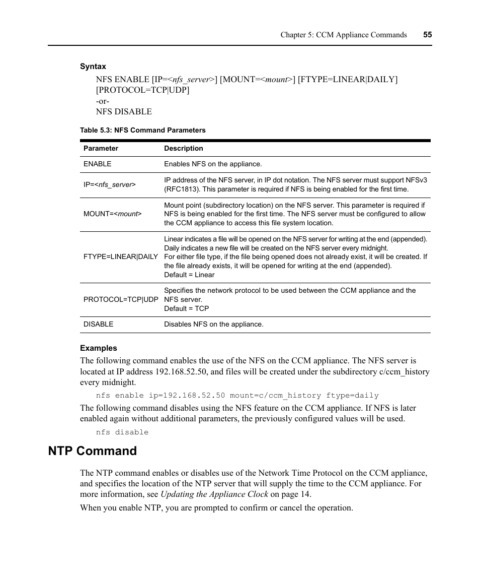 Ntp command, Table 5.3: nfs command parameters | Avocent CCM User Manual | Page 69 / 136