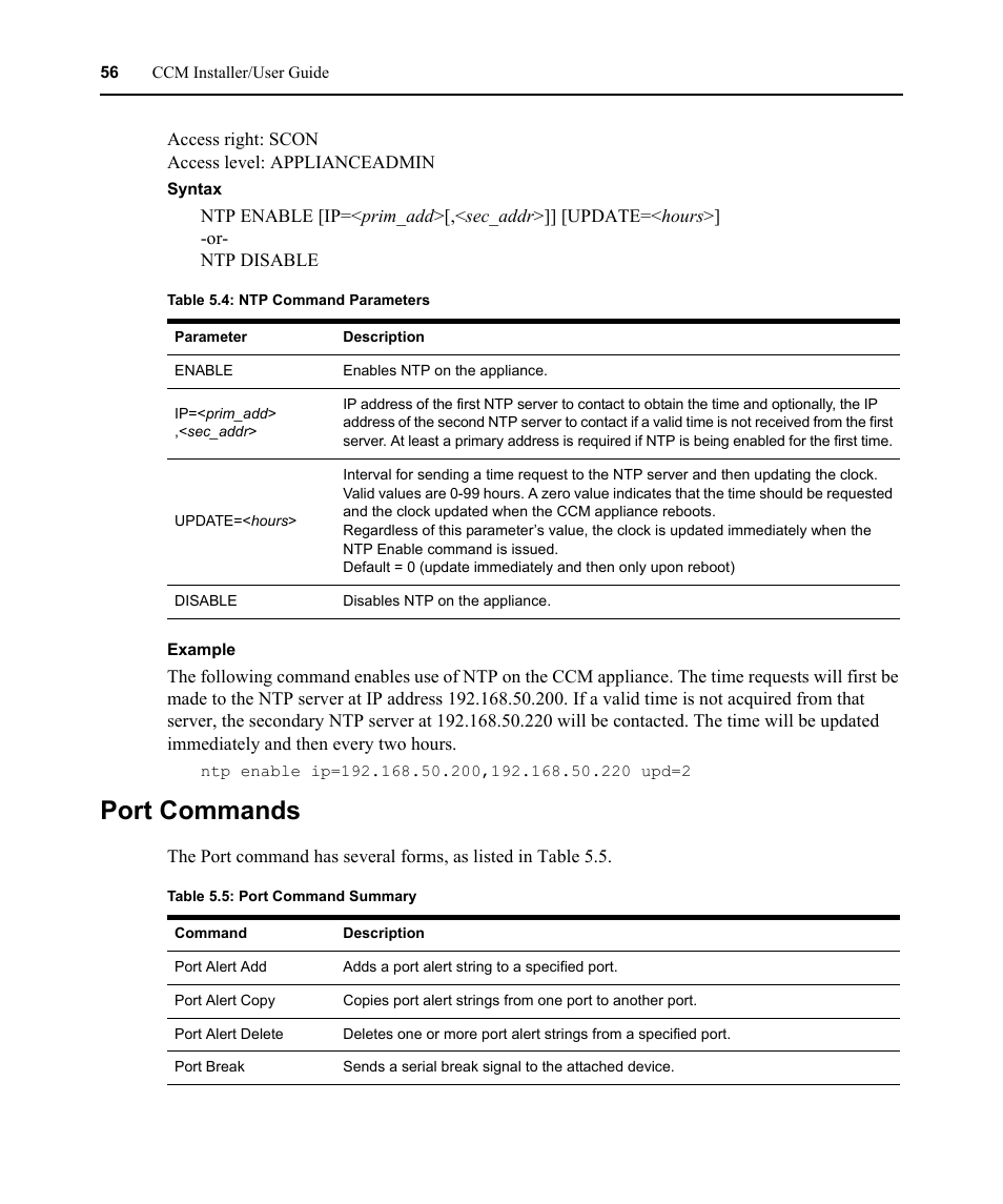 Port commands, Table 5.4: ntp command parameters, Table 5.5: port command summary | Avocent CCM User Manual | Page 70 / 136