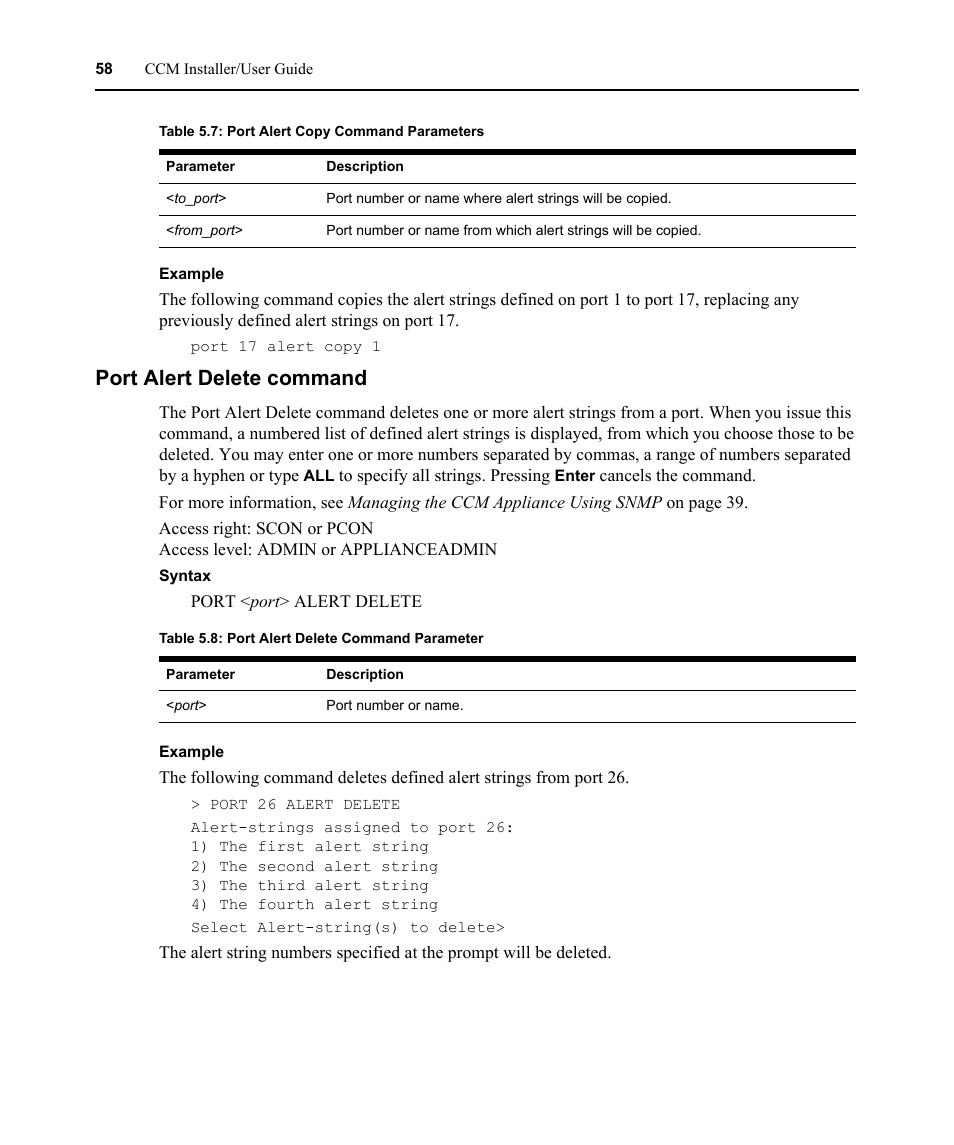 Port alert delete command, Table 5.7: port alert copy command parameters, Table 5.8: port alert delete command parameter | Avocent CCM User Manual | Page 72 / 136