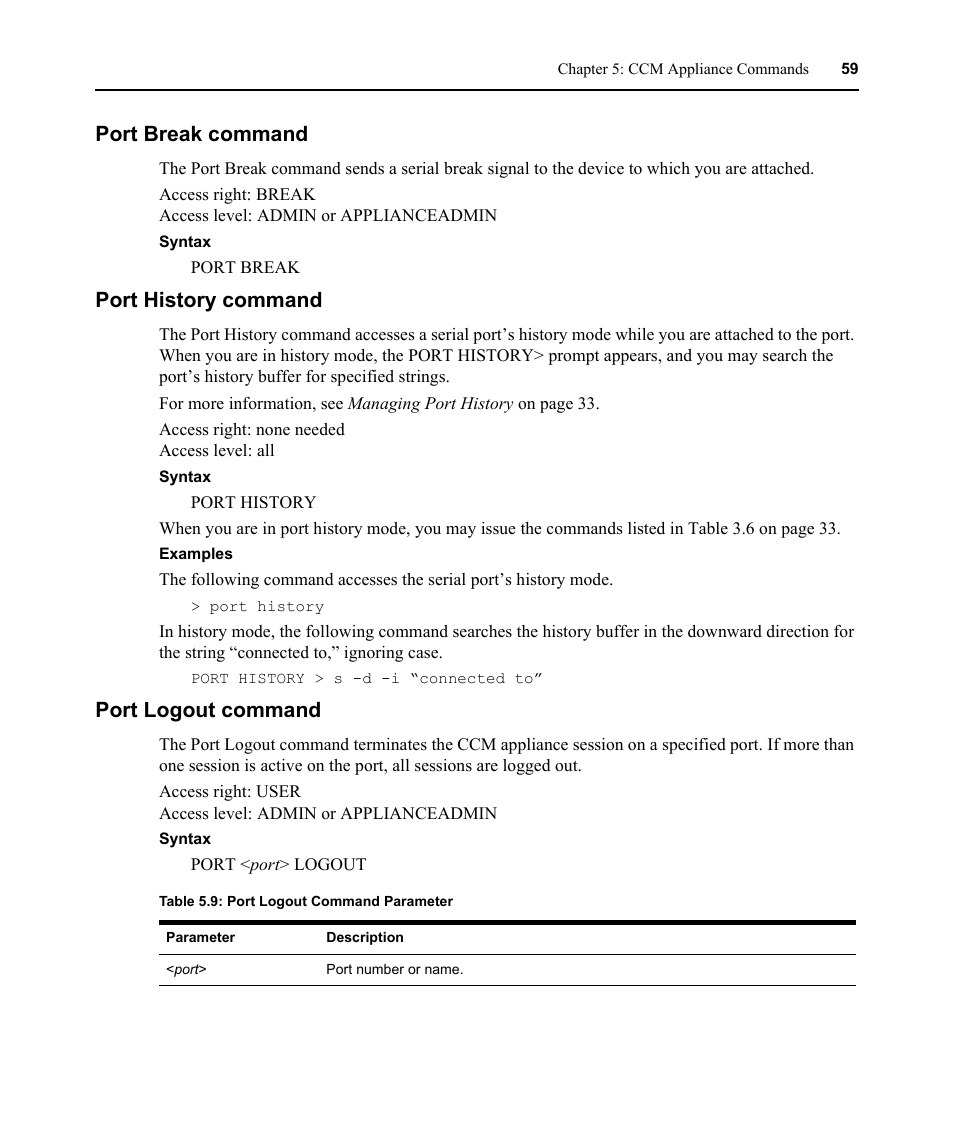 Port break command, Port history command, Port logout command | Port history command port logout command, Table 5.9: port logout command parameter | Avocent CCM User Manual | Page 73 / 136