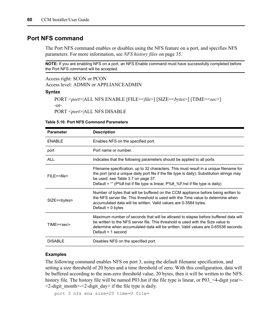 Port nfs command, Table 5.10: port nfs command parameters | Avocent CCM User Manual | Page 74 / 136