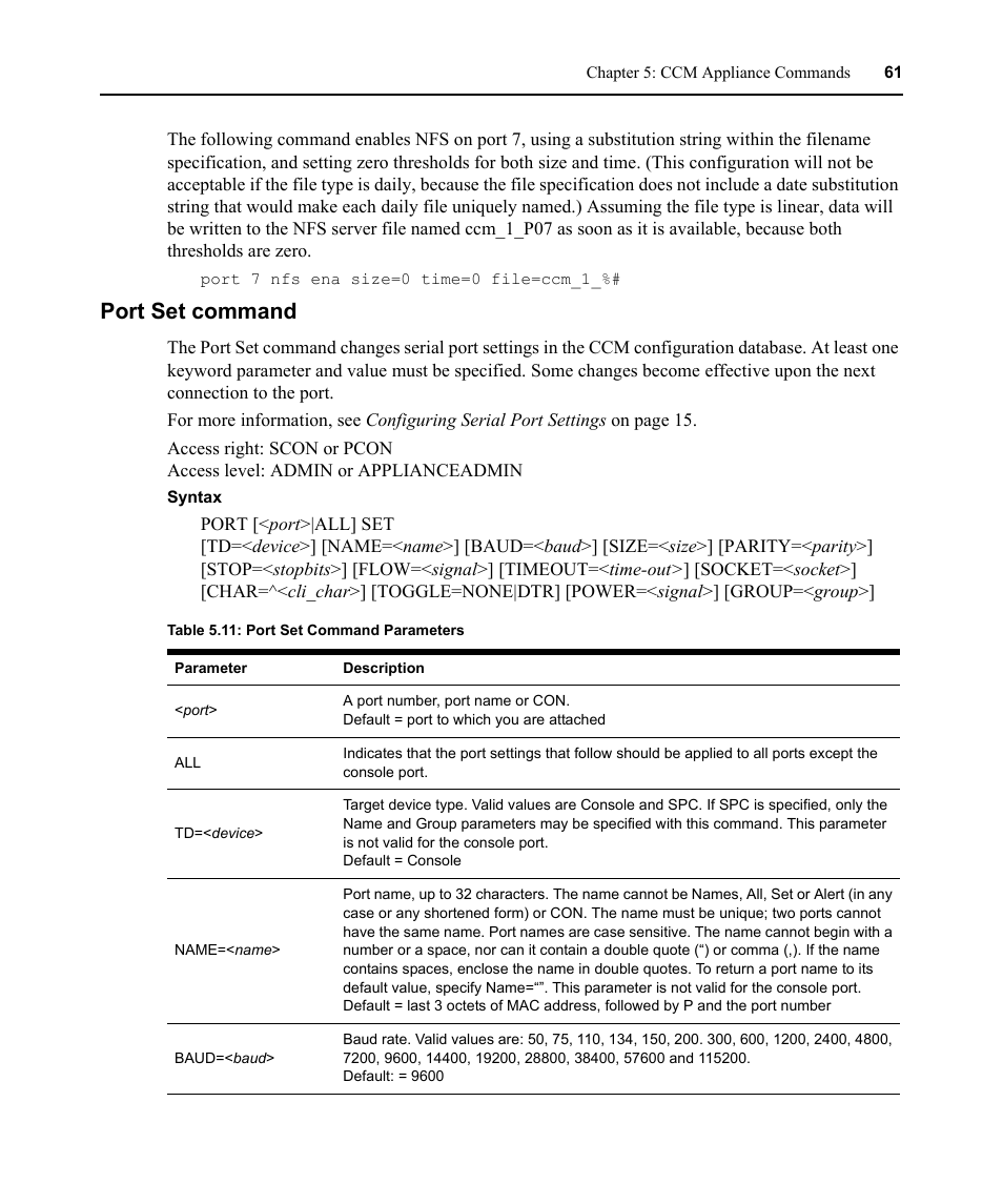Port set command, Table 5.11: port set command parameters | Avocent CCM User Manual | Page 75 / 136