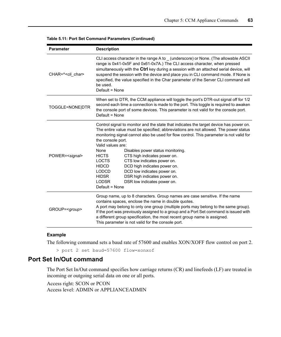 Port set in/out command | Avocent CCM User Manual | Page 77 / 136