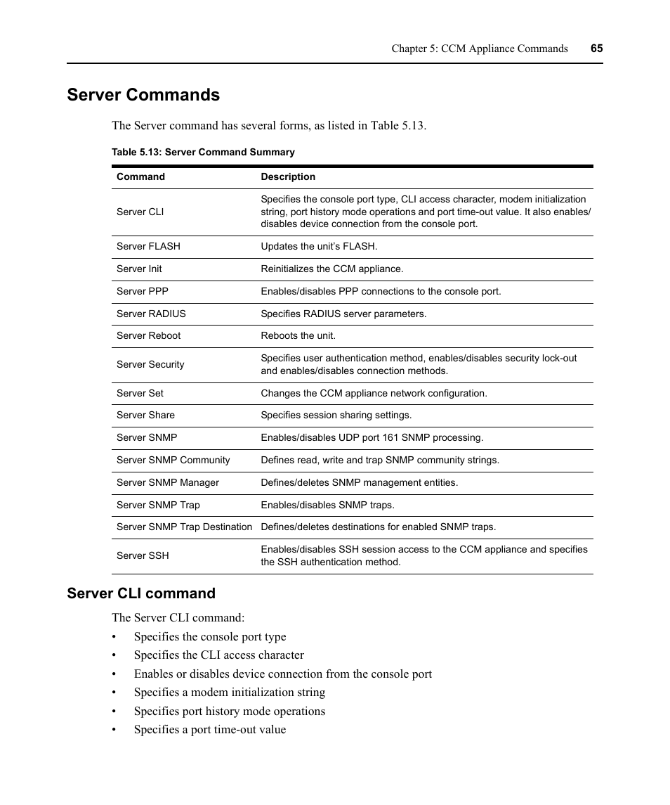 Server commands, Server cli command, Table 5.13: server command summary | Avocent CCM User Manual | Page 79 / 136