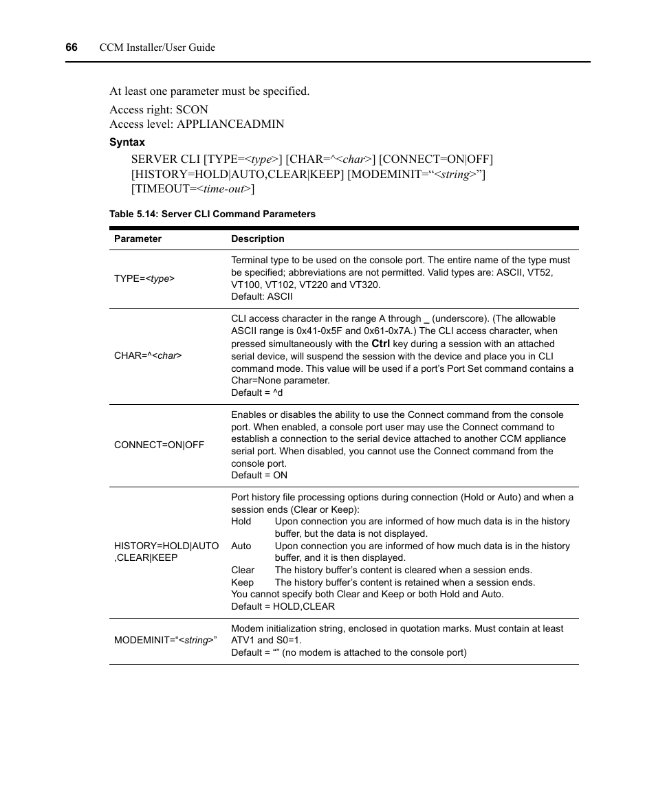 Table 5.14: server cli command parameters | Avocent CCM User Manual | Page 80 / 136