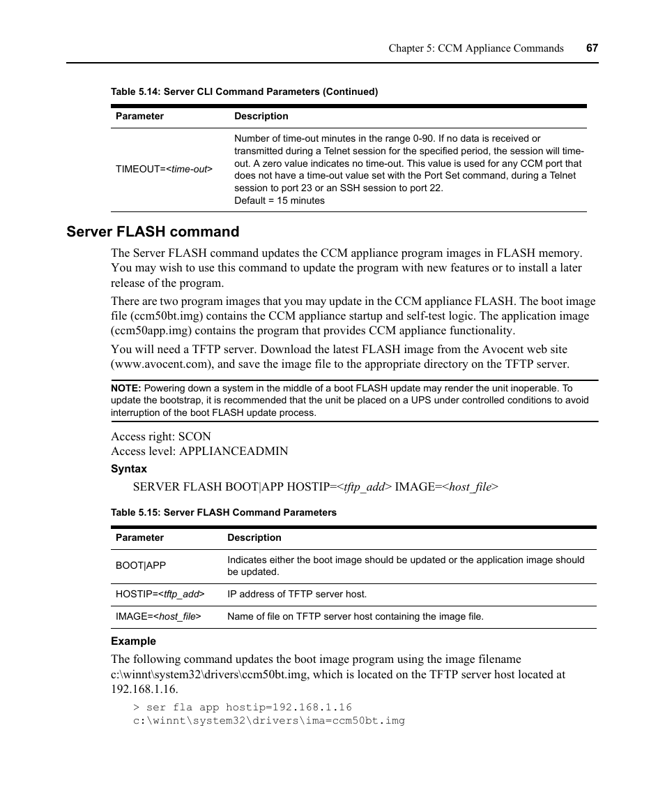 Server flash command, Table 5.15: server flash command parameters | Avocent CCM User Manual | Page 81 / 136