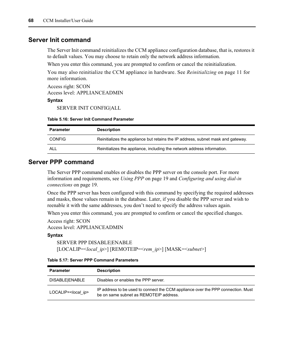 Server init command, Server ppp command, Server init command server ppp command | Table 5.16: server init command parameter, Table 5.17: server ppp command parameters | Avocent CCM User Manual | Page 82 / 136