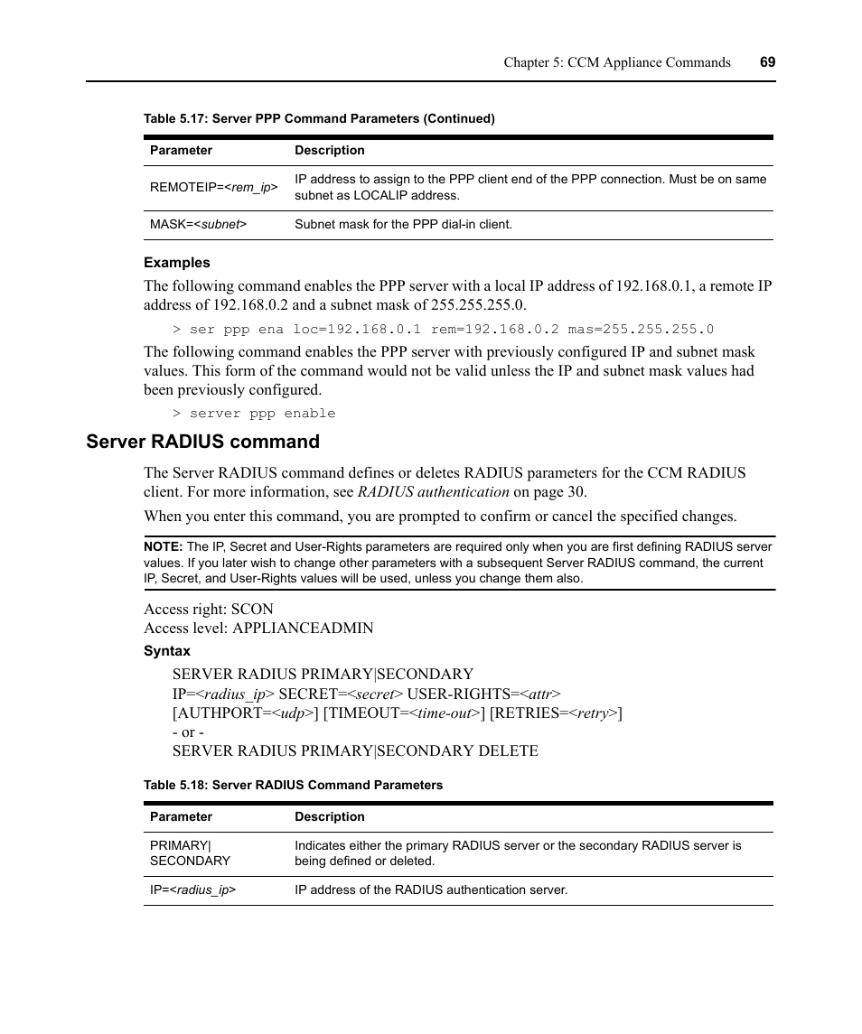 Server radius command, Table 5.18: server radius command parameters | Avocent CCM User Manual | Page 83 / 136
