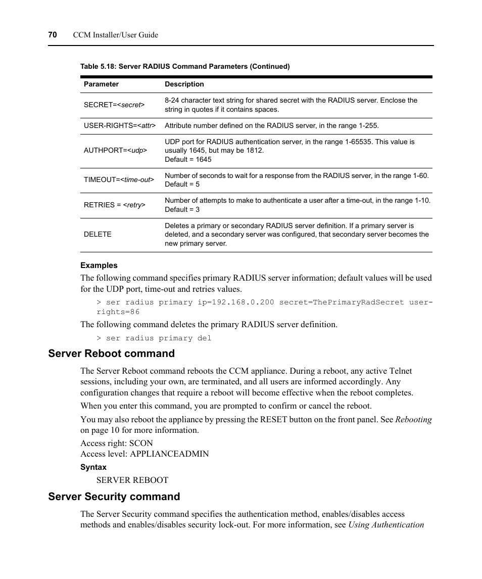 Server reboot command, Server security command, Server reboot command server security command | Avocent CCM User Manual | Page 84 / 136