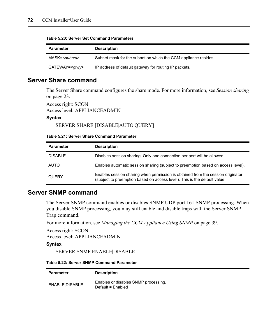 Server share command, Server snmp command, Server share command server snmp command | Table 5.21: server share command parameter, Table 5.22: server snmp command parameter | Avocent CCM User Manual | Page 86 / 136