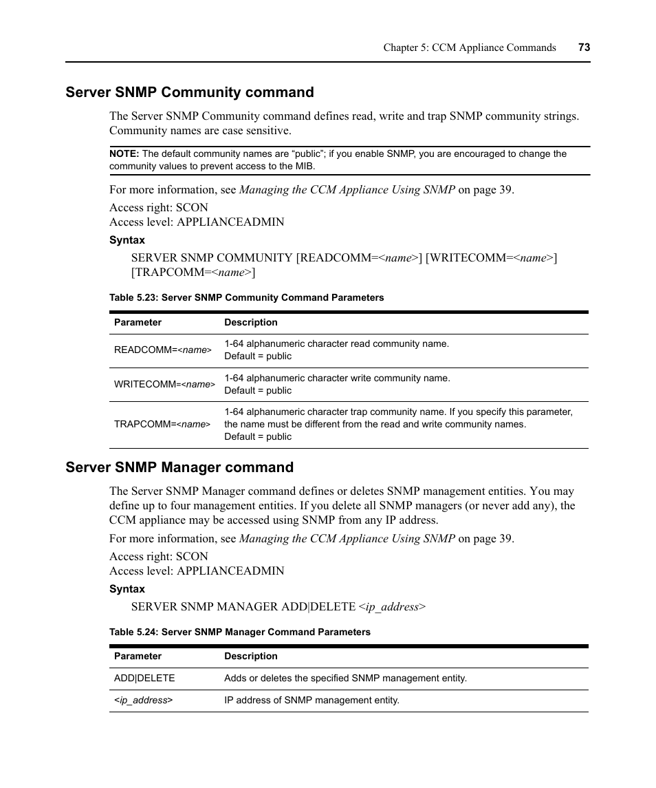 Server snmp community command, Server snmp manager command, Table 5.24: server snmp manager command parameters | Avocent CCM User Manual | Page 87 / 136