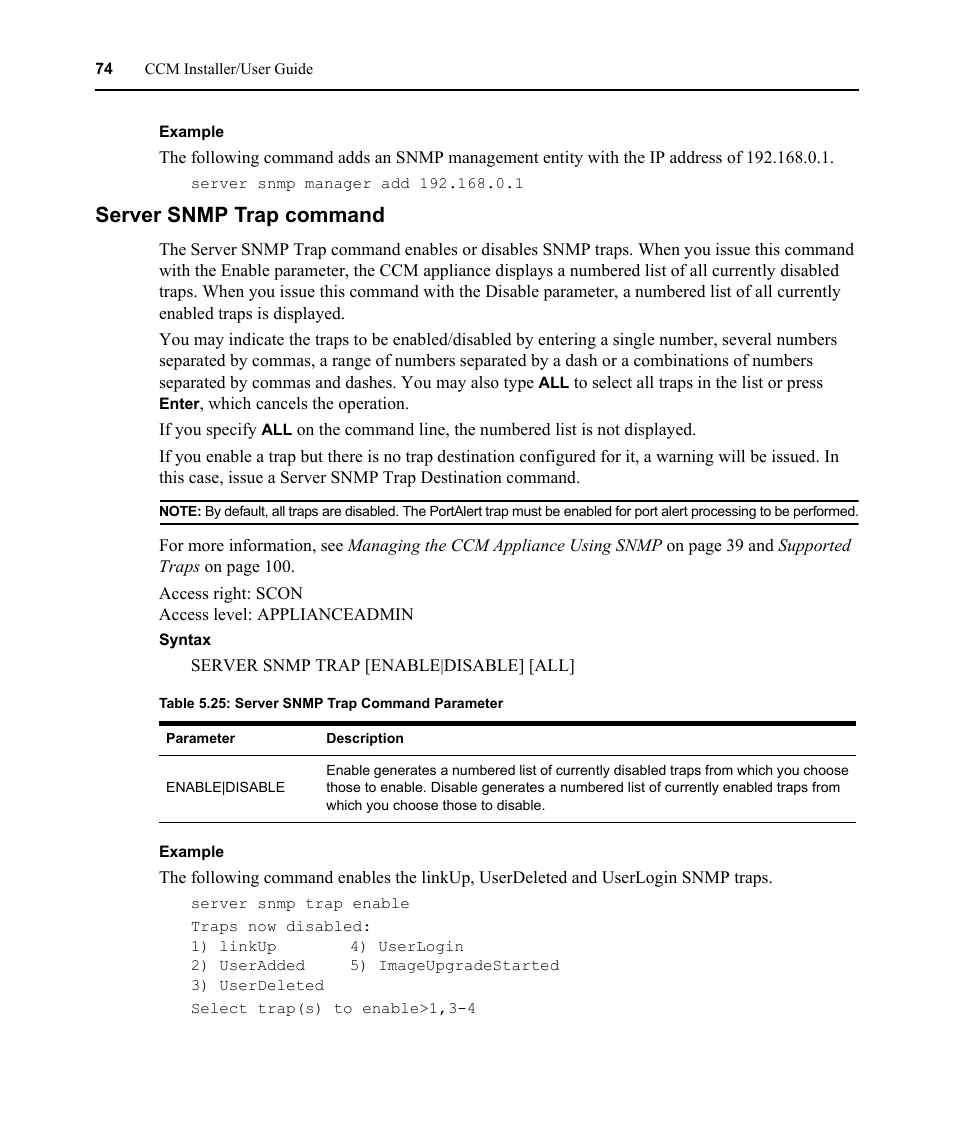 Server snmp trap command, Table 5.25: server snmp trap command parameter | Avocent CCM User Manual | Page 88 / 136