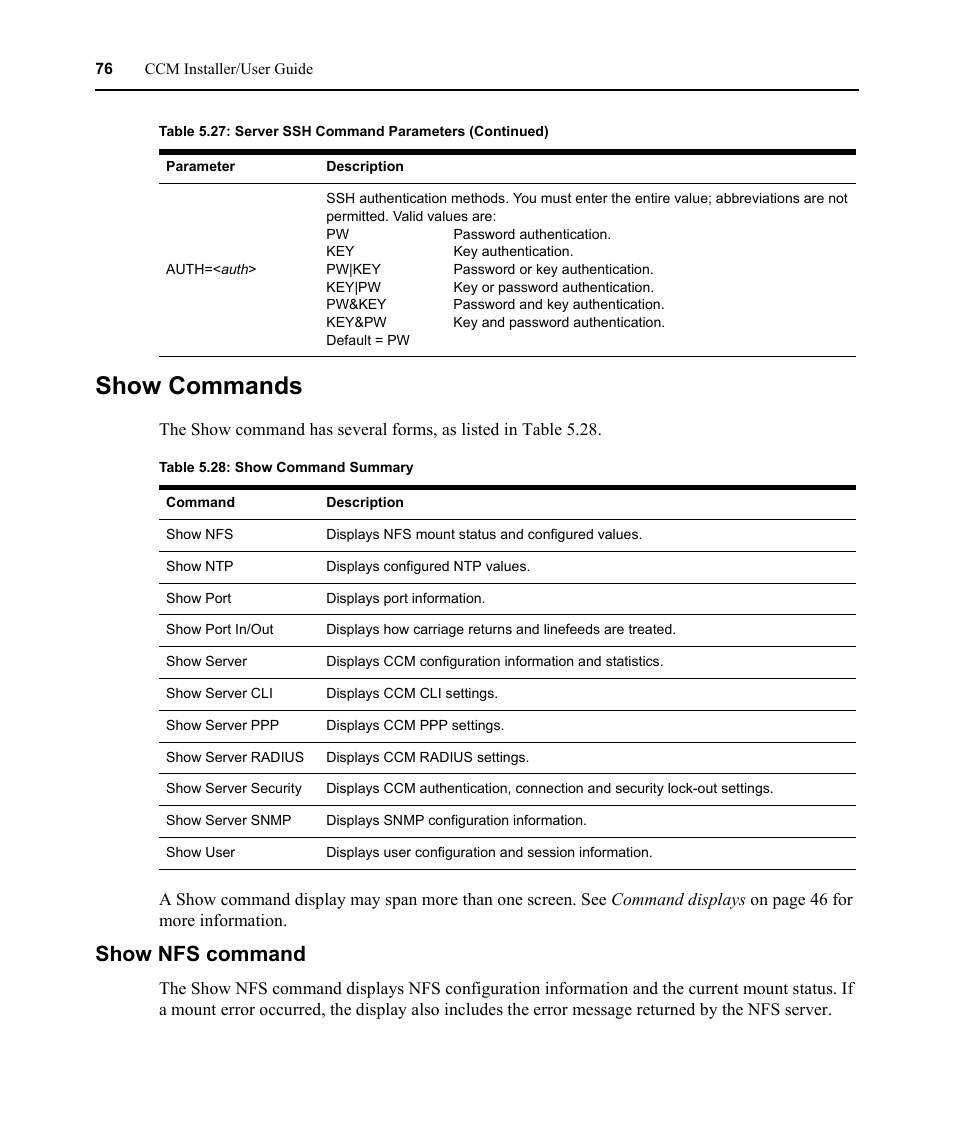 Show commands, Show nfs command, Table 5.28: show command summary | Avocent CCM User Manual | Page 90 / 136