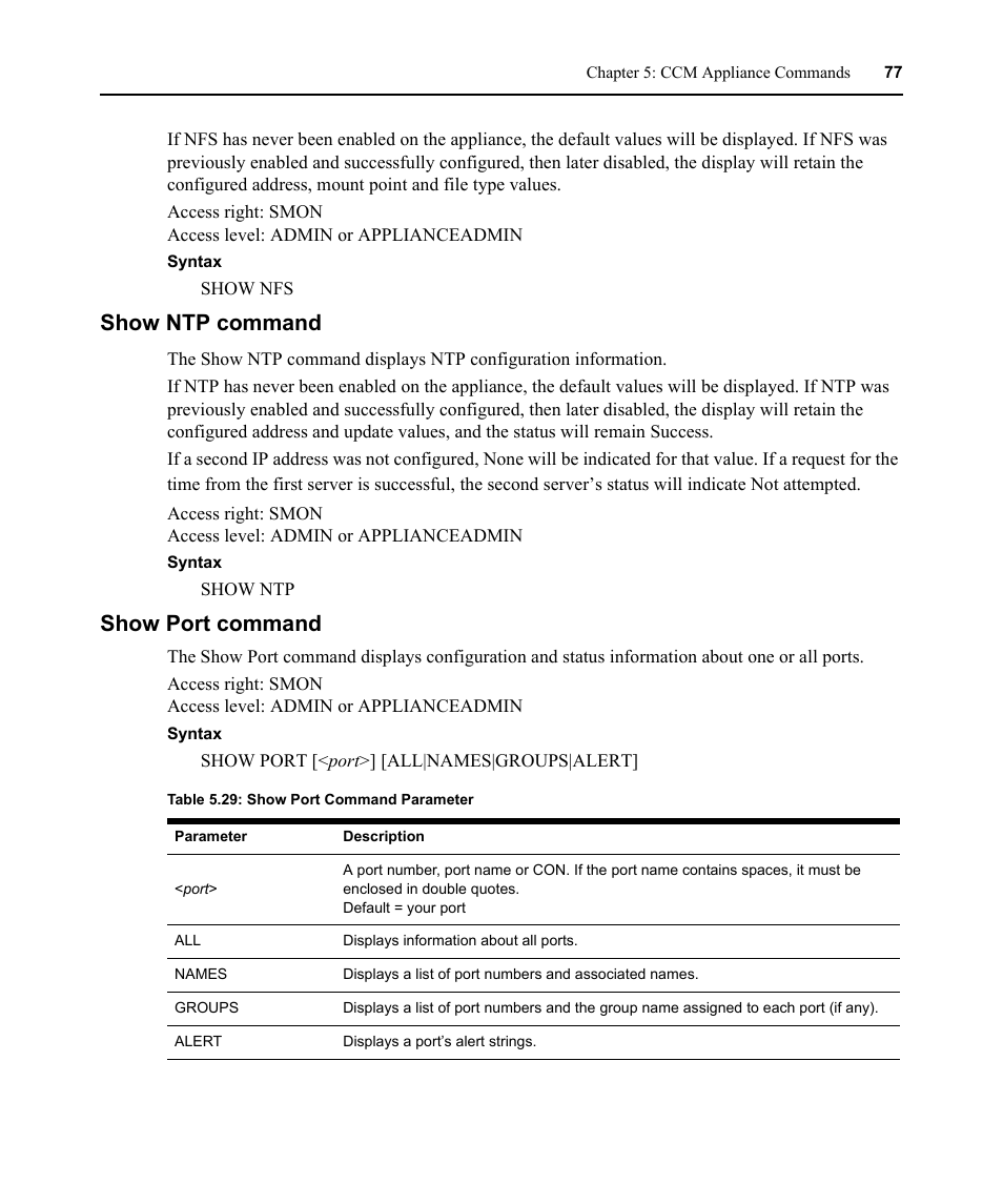 Show ntp command, Show port command, Show ntp command show port command | Table 5.29: show port command parameter | Avocent CCM User Manual | Page 91 / 136