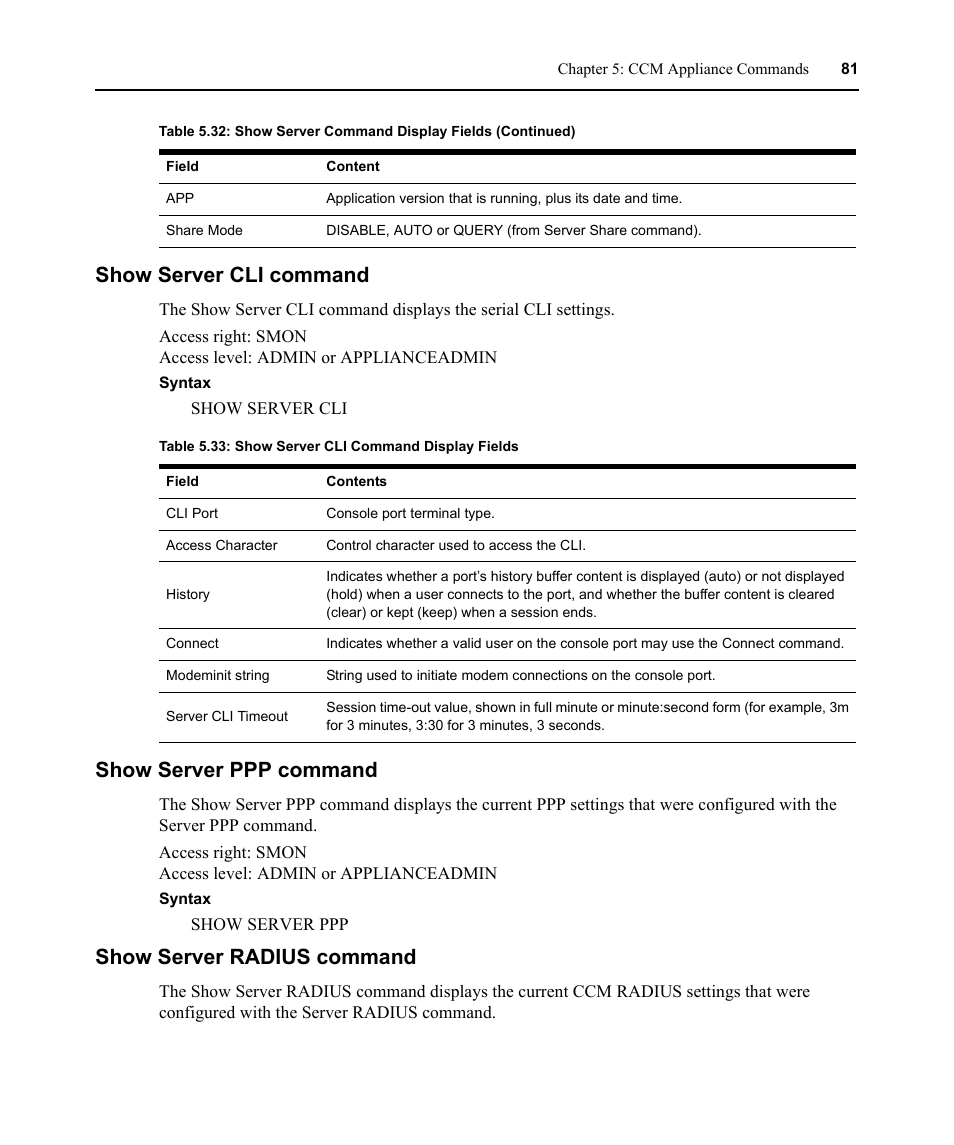 Show server cli command, Show server ppp command, Show server radius command | Table 5.33: show server cli command display fields | Avocent CCM User Manual | Page 95 / 136