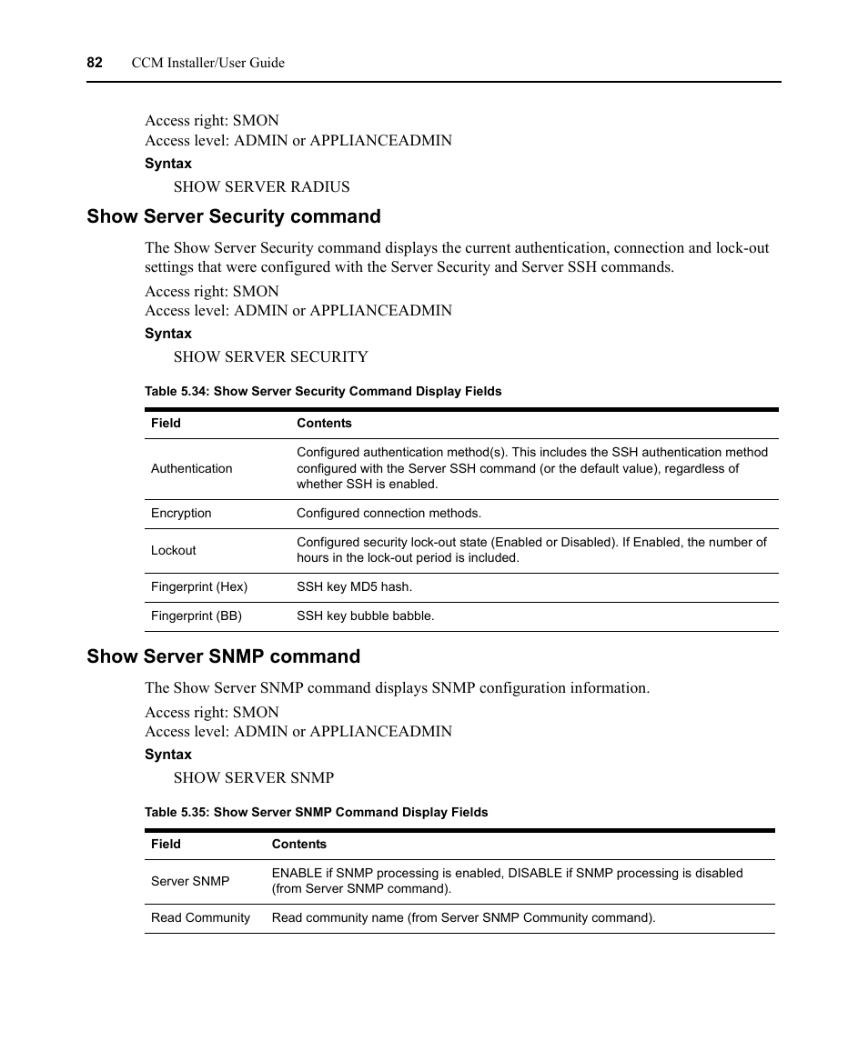 Show server security command, Show server snmp command | Avocent CCM User Manual | Page 96 / 136