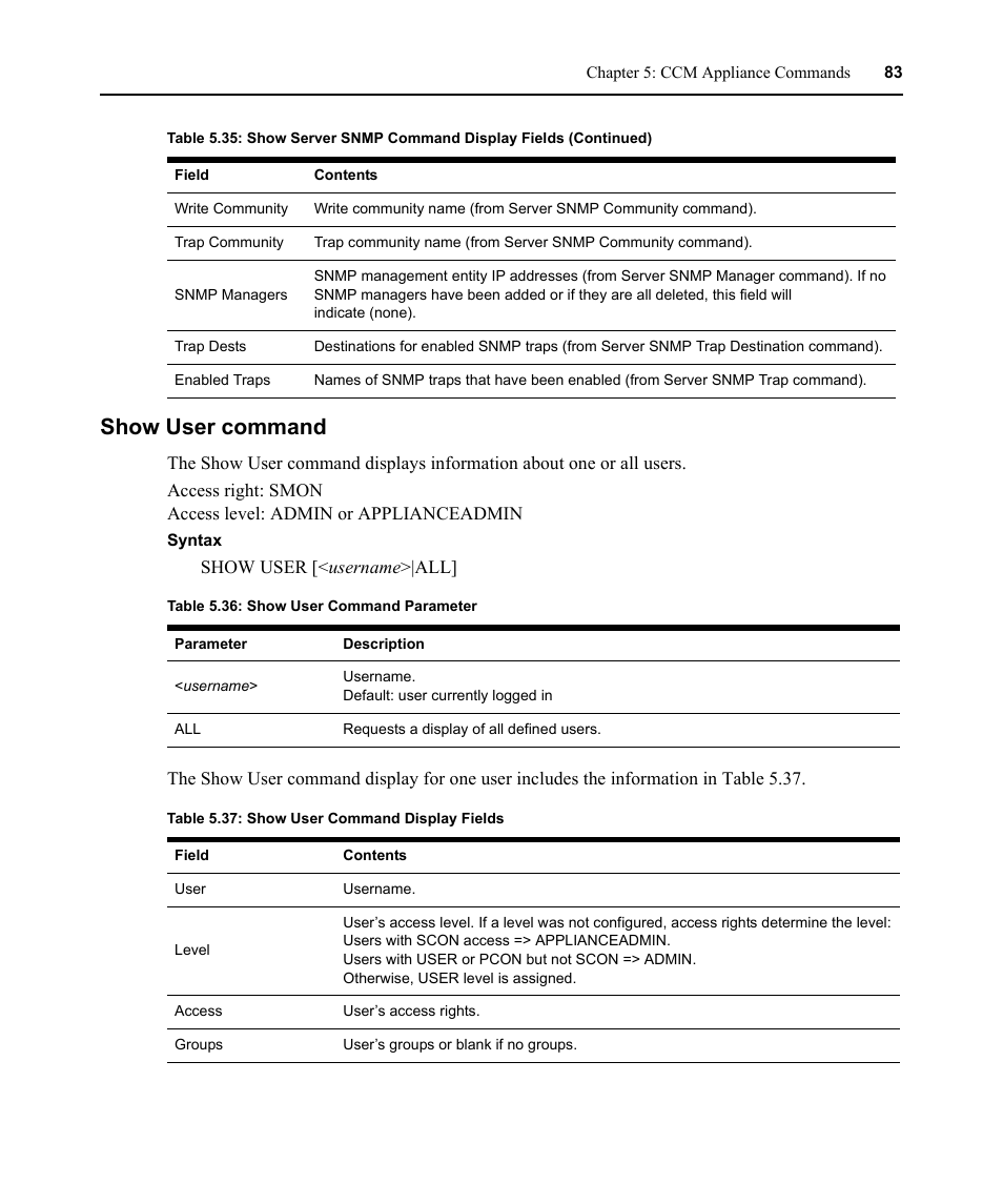 Show user command, Table 5.36: show user command parameter, Table 5.37: show user command display fields | Avocent CCM User Manual | Page 97 / 136